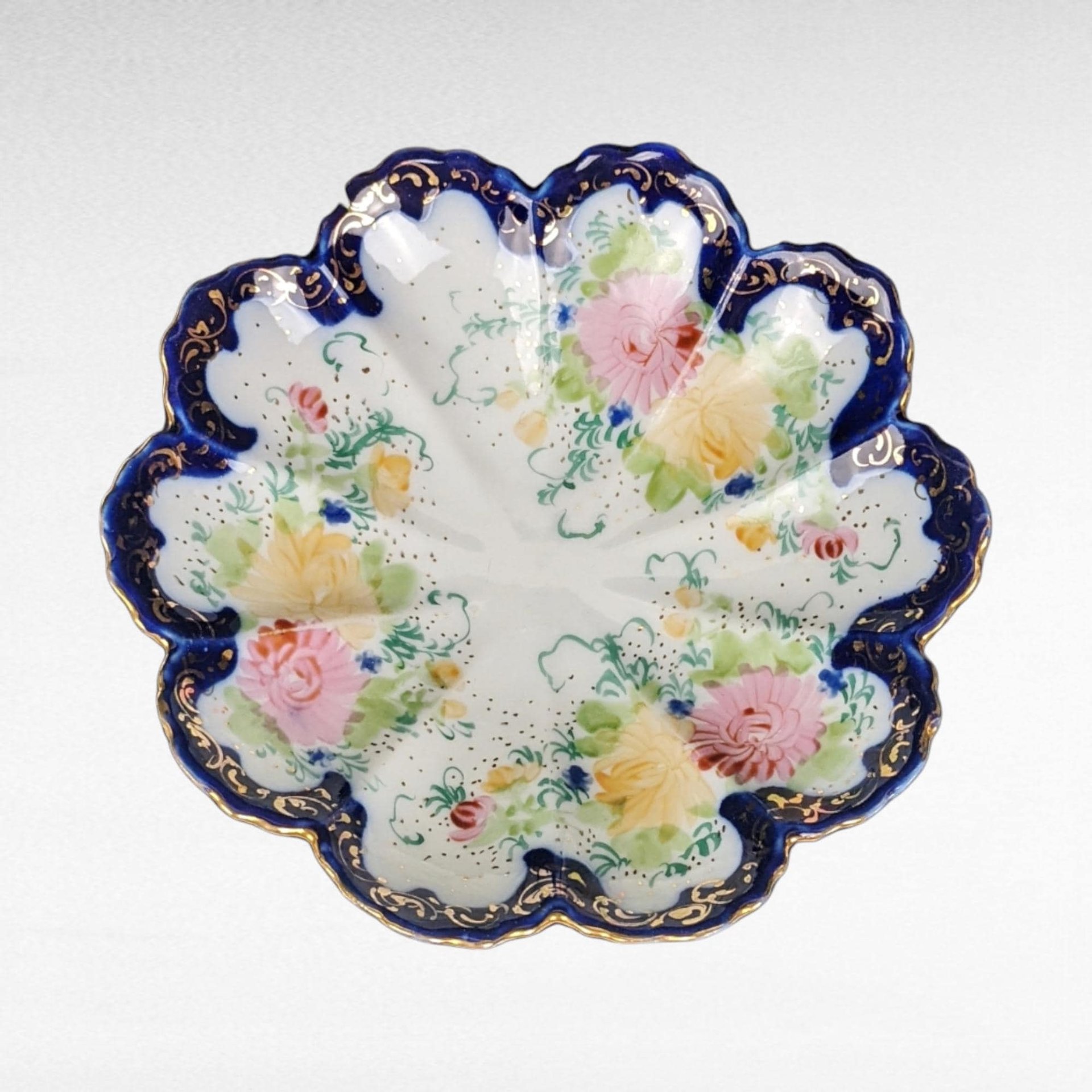 Vintage Hand-Painted Porcelain Bowl, Scalloped Floral Bowl, Cobalt Blue and Gold Trim, Decorative Bowl, Candy Dish