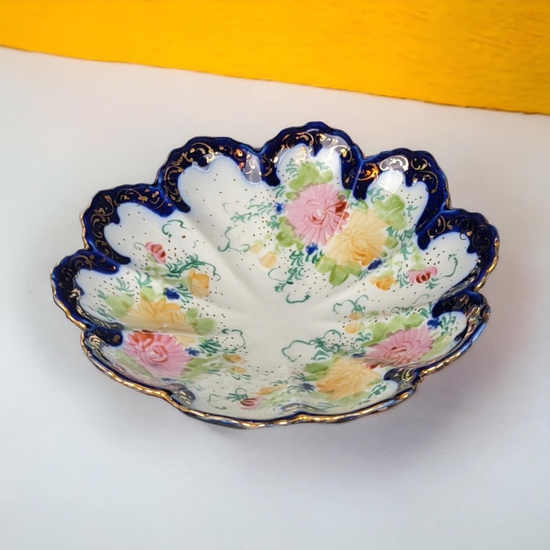 Vintage Hand-Painted Porcelain Bowl, Scalloped Floral Bowl, Cobalt Blue and Gold Trim, Decorative Bowl, Candy Dish