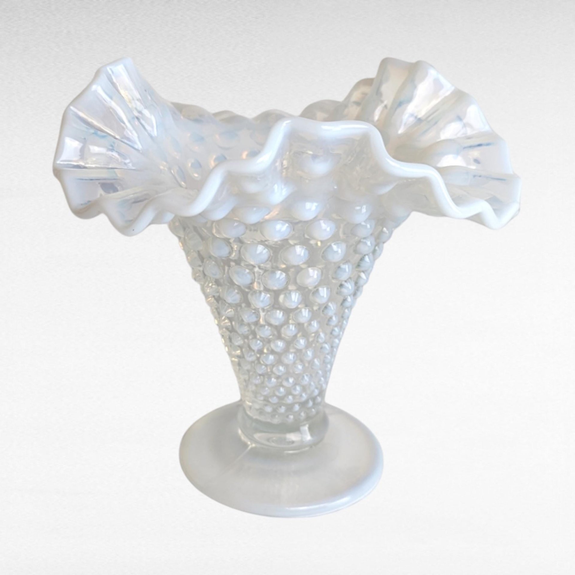 Vintage Fenton Moonstone Hobnail Vase | Opalescent Milk Glass | Ruffled Vase | Vintage Glassware | 5.5 Inches