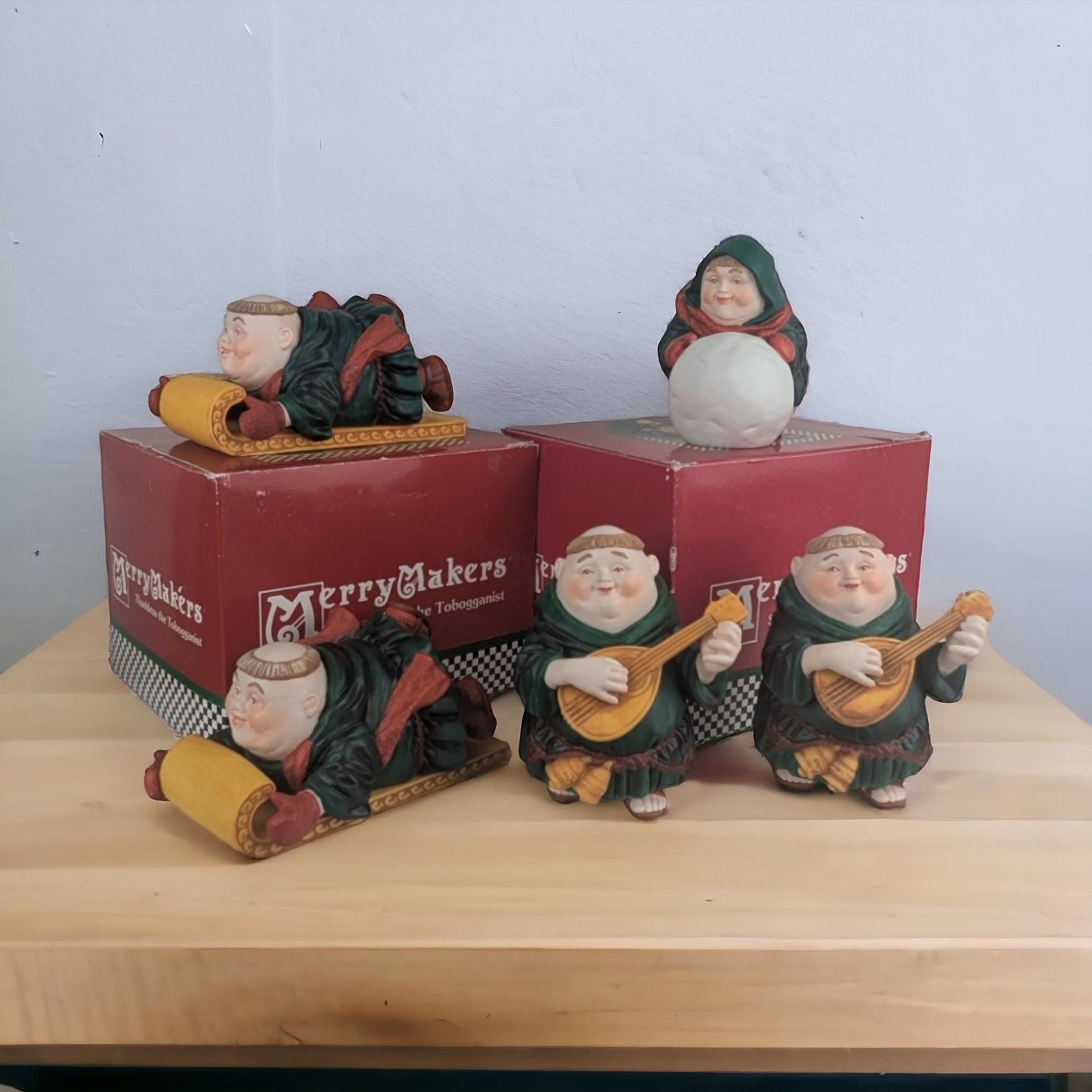 Dept 56 Merrymakers Figurine Lot | 5 Piece Set | Martin the Mandolinist | Thaddeus the Tobogganist | Vintage Christmas Decor