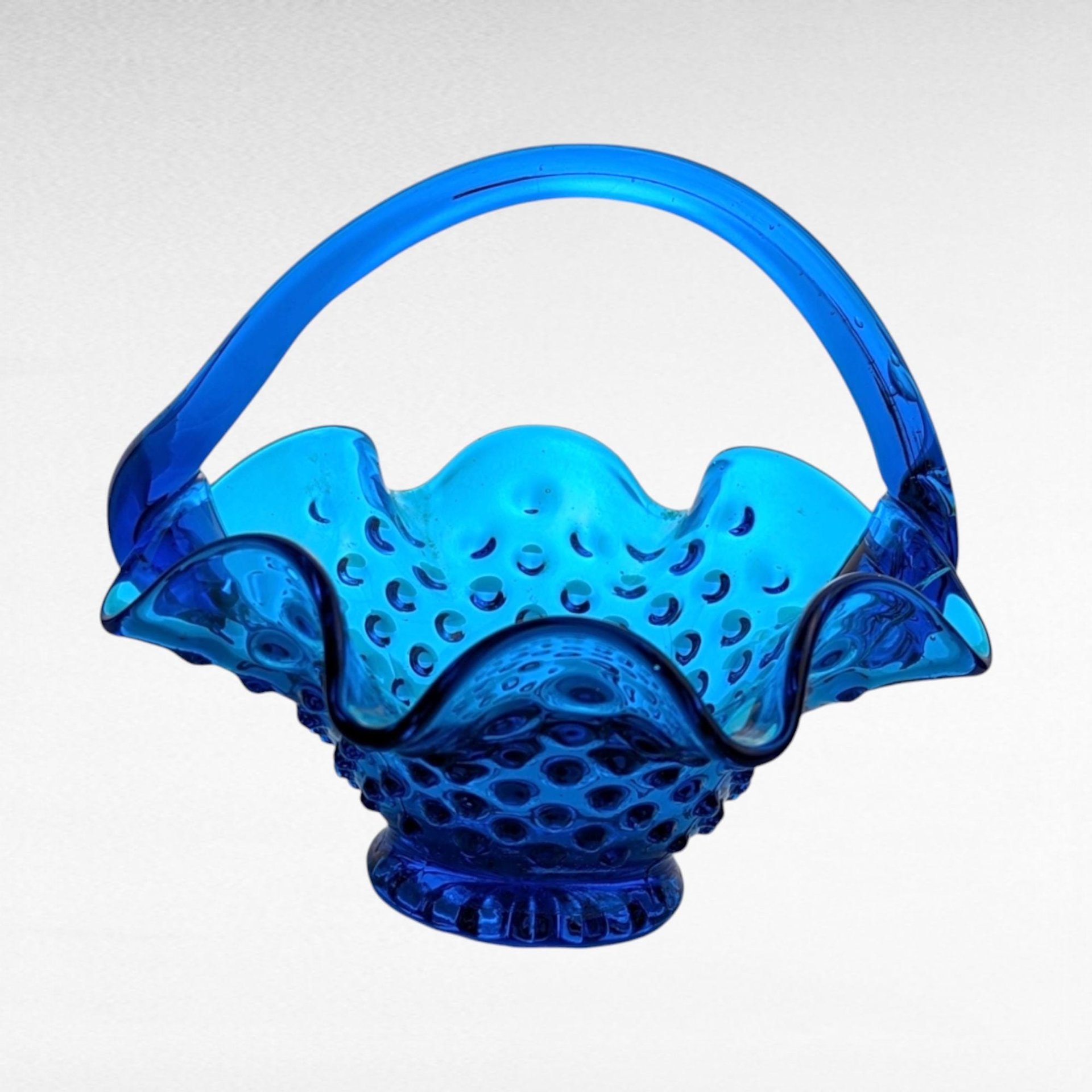 Fenton Blue Hobnail Glass Basket | Vintage Candy Dish | Ruffled Edge | Collectible Glassware