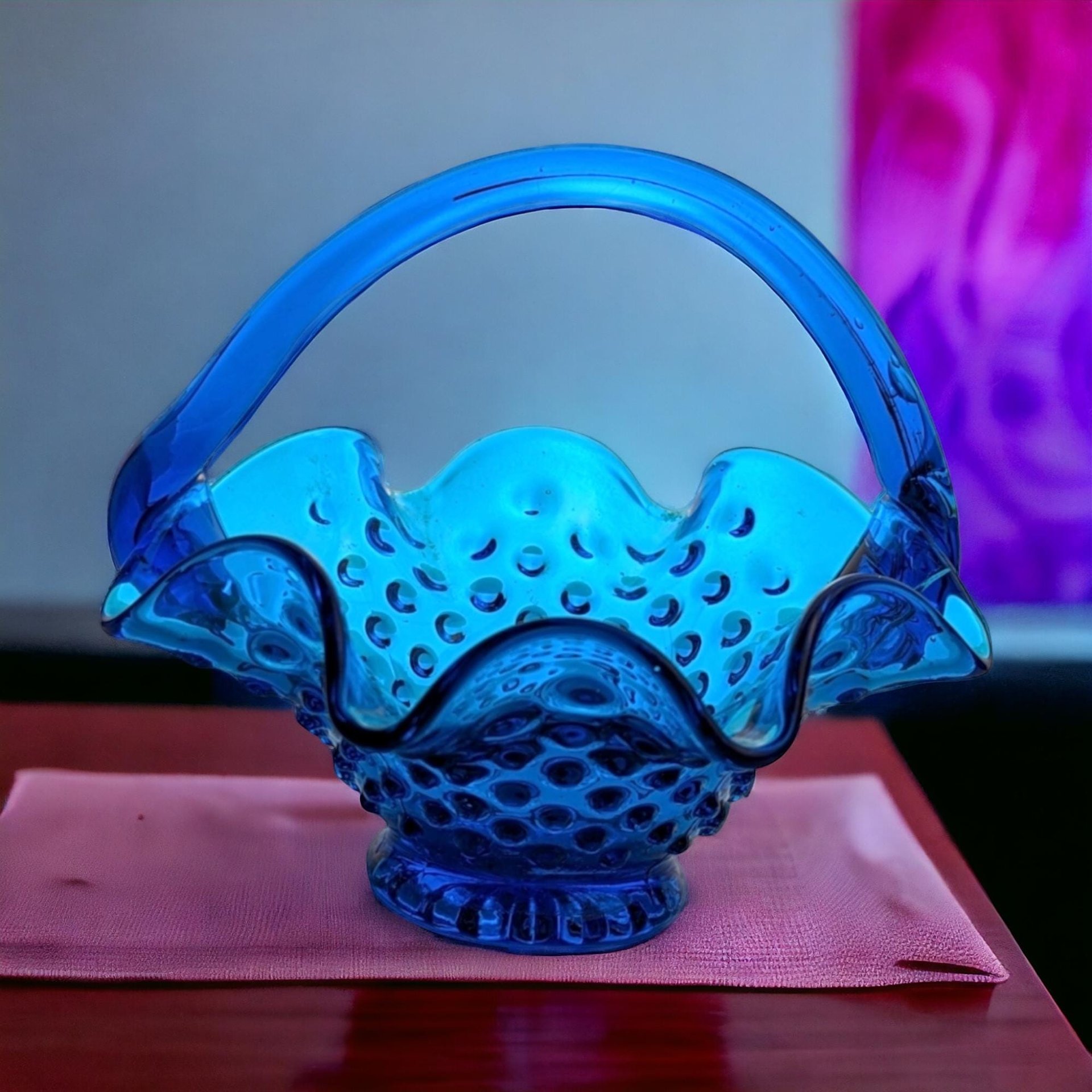 Fenton Blue Hobnail Glass Basket | Vintage Candy Dish | Ruffled Edge | Collectible Glassware