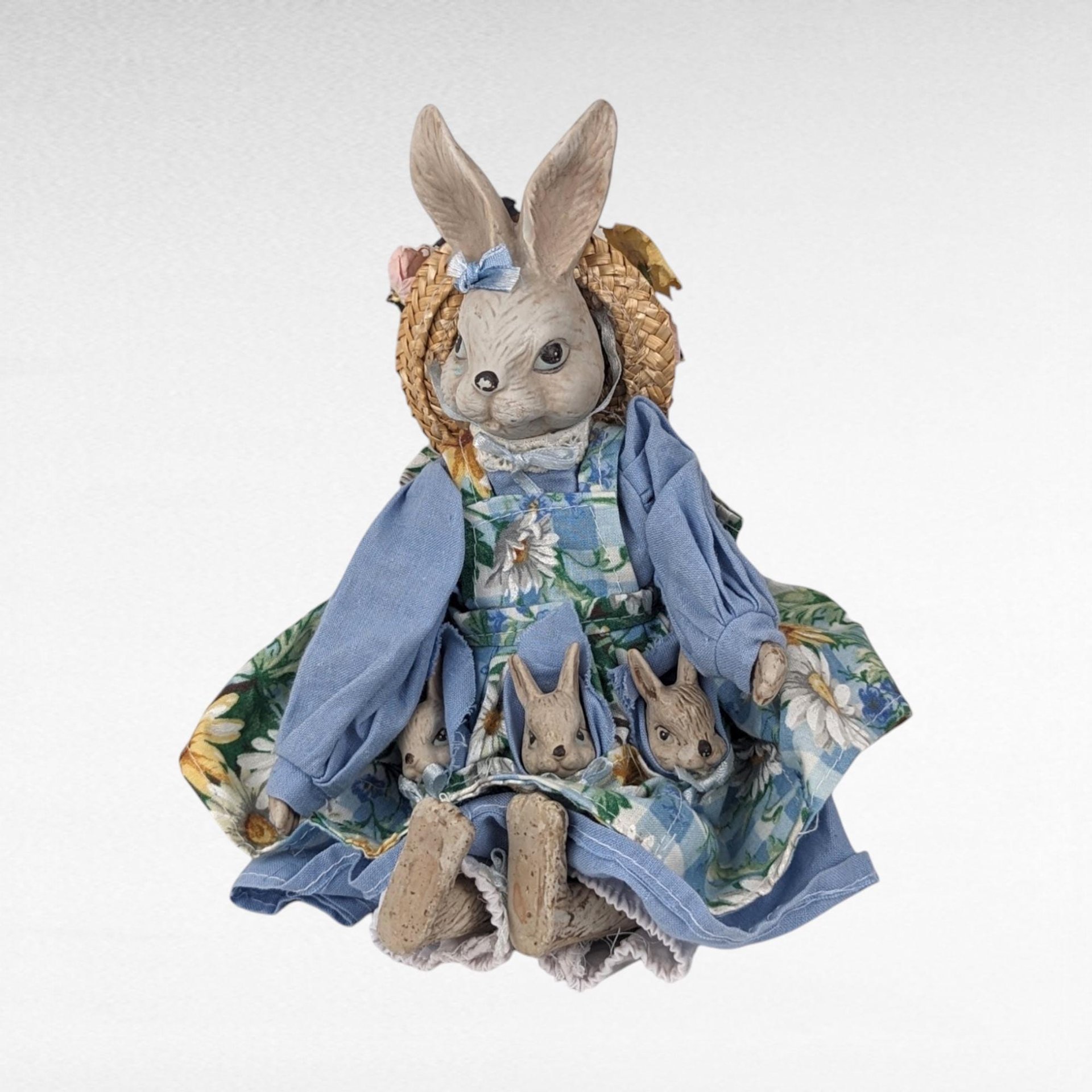 Vintage Mother Rabbit with Baby Bunnies Figurine | Ceramic and Cloth Rabbit Family | Easter Decor | Spring Decor | Nursery Decor