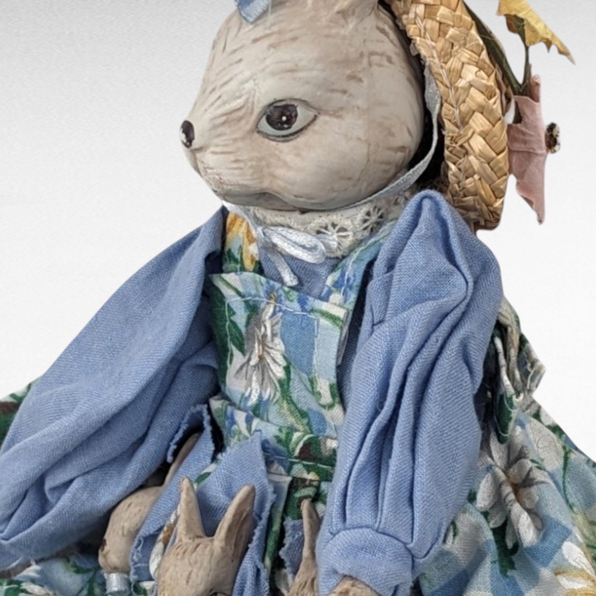 Vintage Mother Rabbit with Baby Bunnies Figurine | Ceramic and Cloth Rabbit Family | Easter Decor | Spring Decor | Nursery Decor