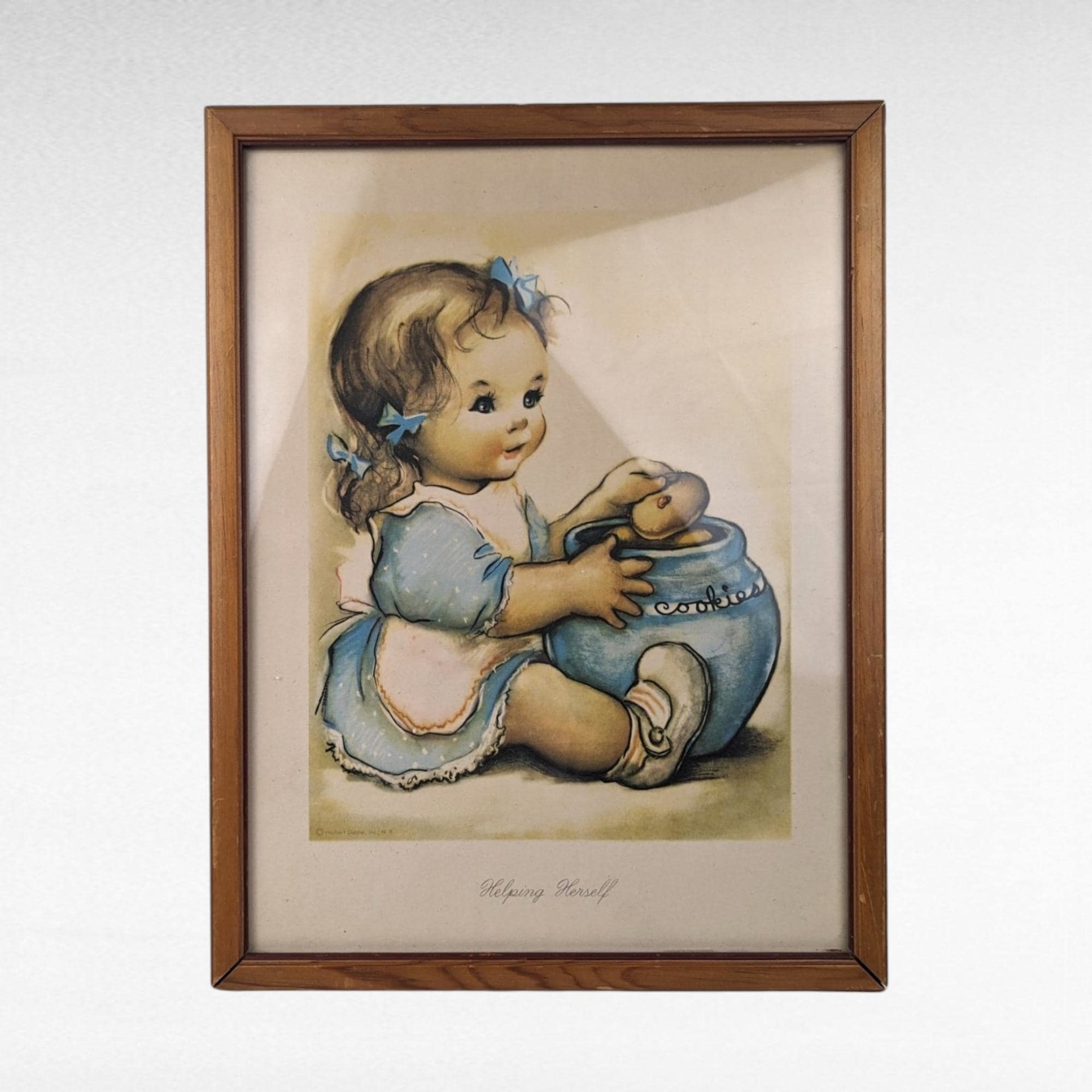 Vintage Herbert Dubler "Helping Herself" Framed Print | Girl with Cookie Jar Art | Children's Room Decor | Wall Decor | Retro Art
