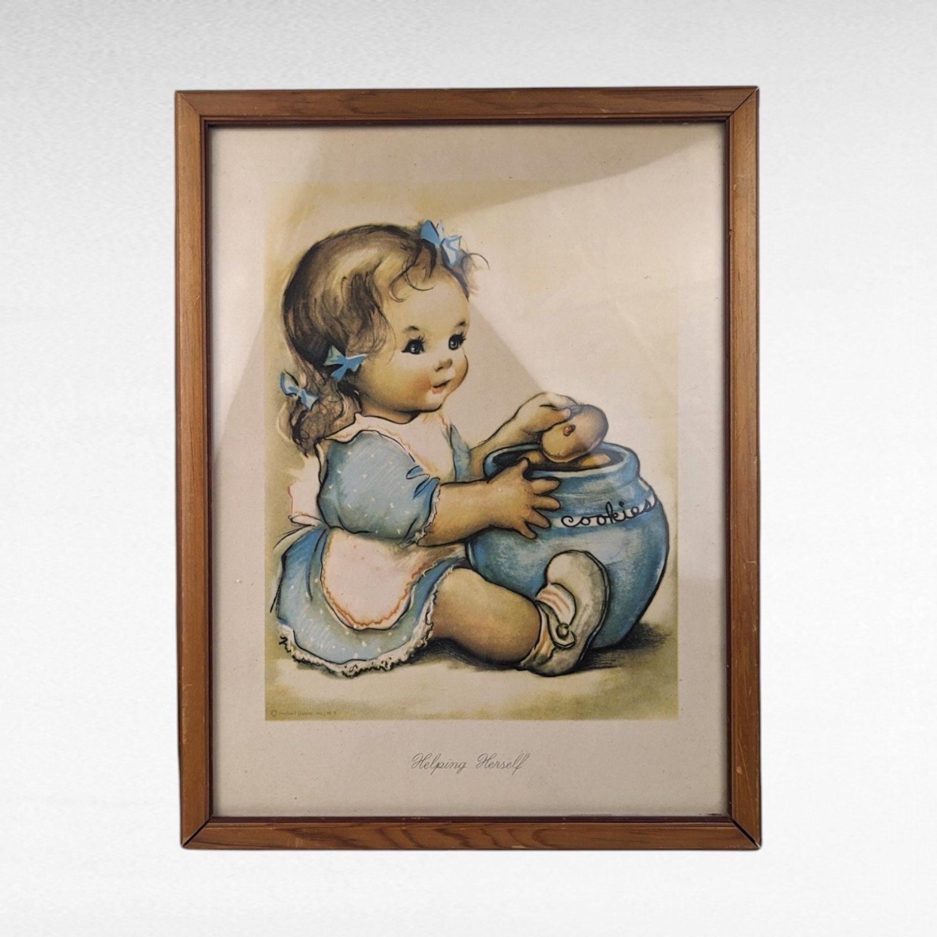 Vintage Herbert Dubler "Helping Herself" Framed Print | Girl with Cookie Jar Art | Children's Room Decor | Wall Decor | Retro Art
