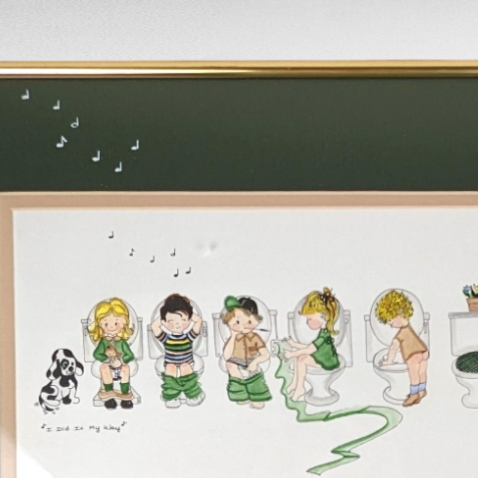 Original 1997 Judy Hagstrom Framed "I Did It My Way"  Hand-Painted Watercolor, Whimsical Children's Art, Bathroom Humor, 15.5 x 10.25 Inches