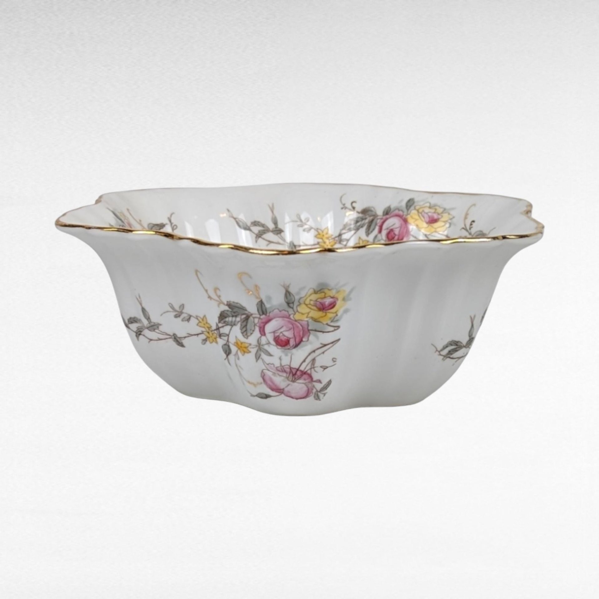 Vintage German Porcelain Serving Bowl, Floral Design, Gold Rim, 8 Inches Wide, White with Pink and Yellow Roses
