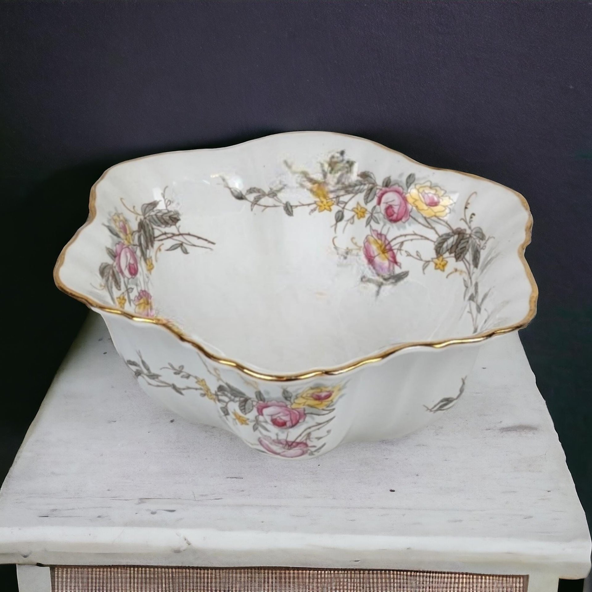 Vintage German Porcelain Serving Bowl, Floral Design, Gold Rim, 8 Inches Wide, White with Pink and Yellow Roses
