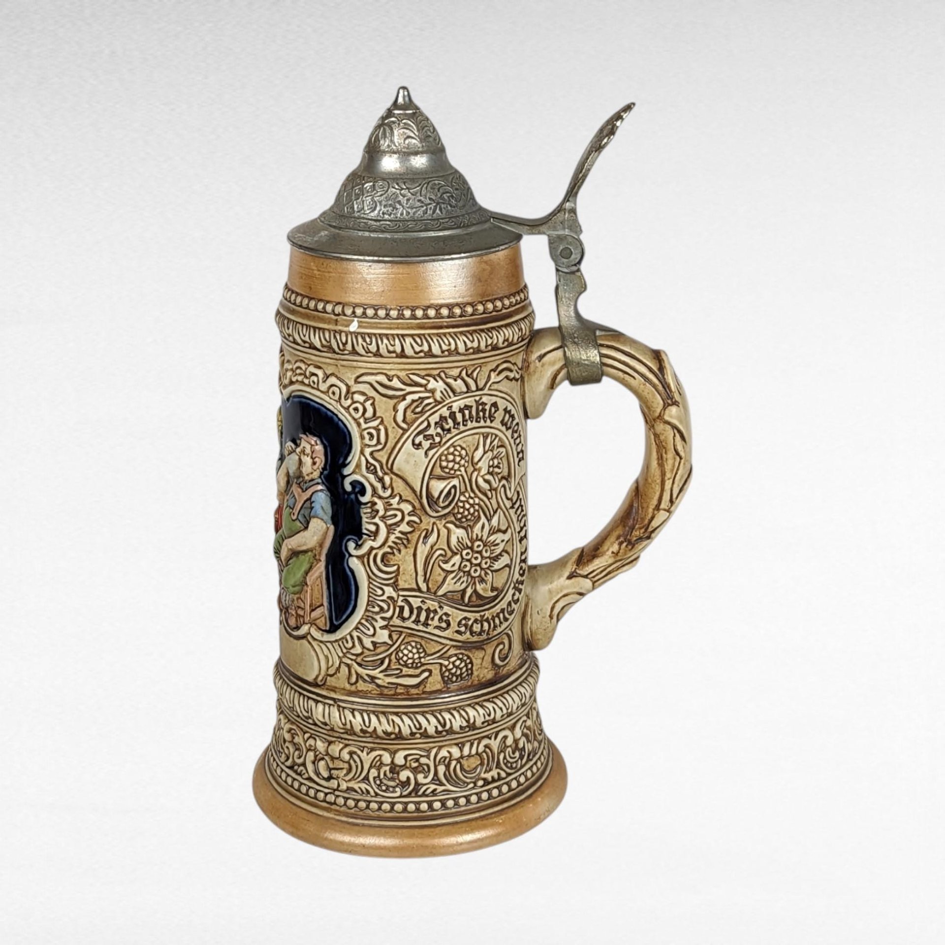 Vintage Ceramarte Brazil Lidded Ceramic Stein, Tavern Scene, 10 Inches - Collectible