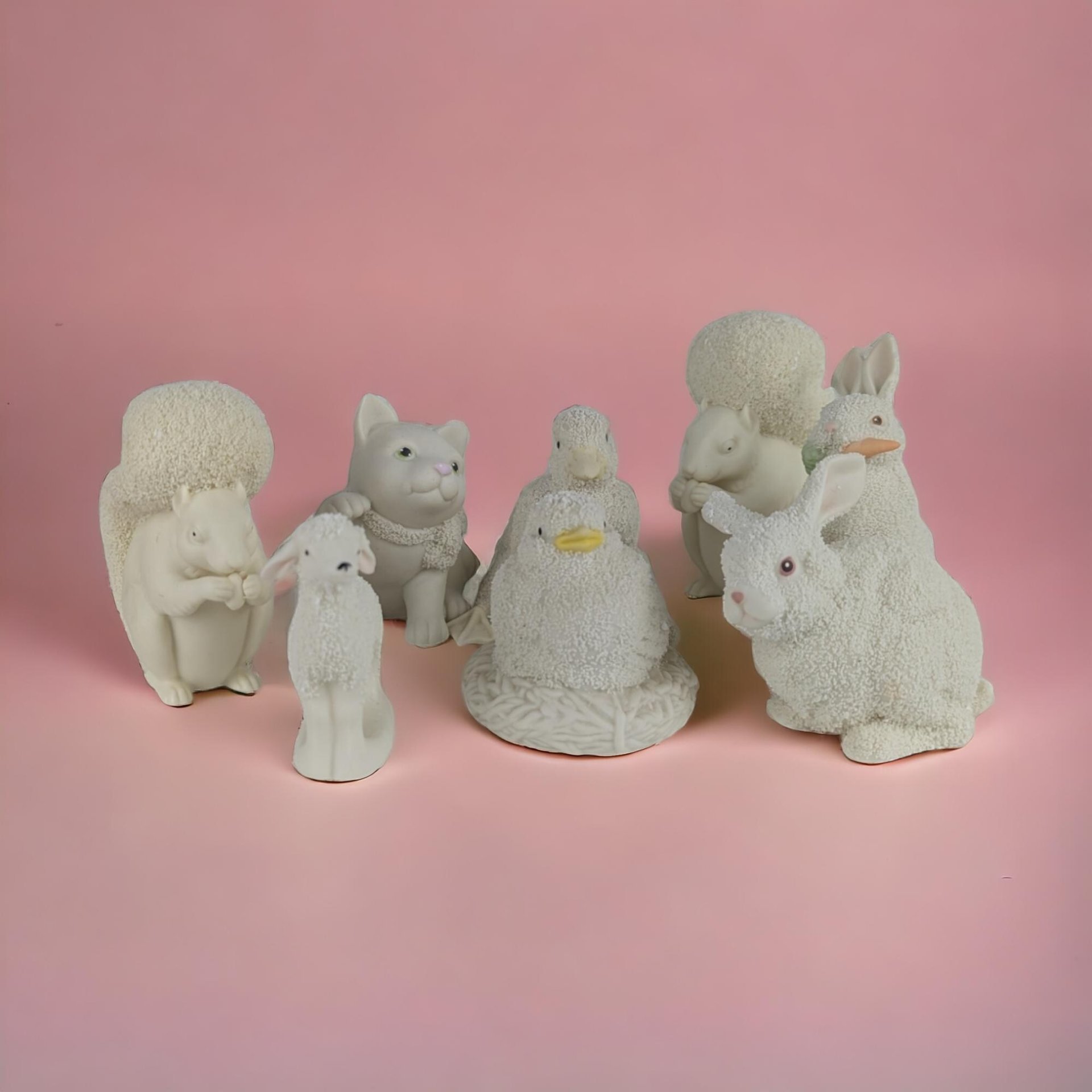 Vintage Dept 56 Annual Animal Bisque Figurines, Lot of 8, Cat, Duck, Rabbit, Squirrel