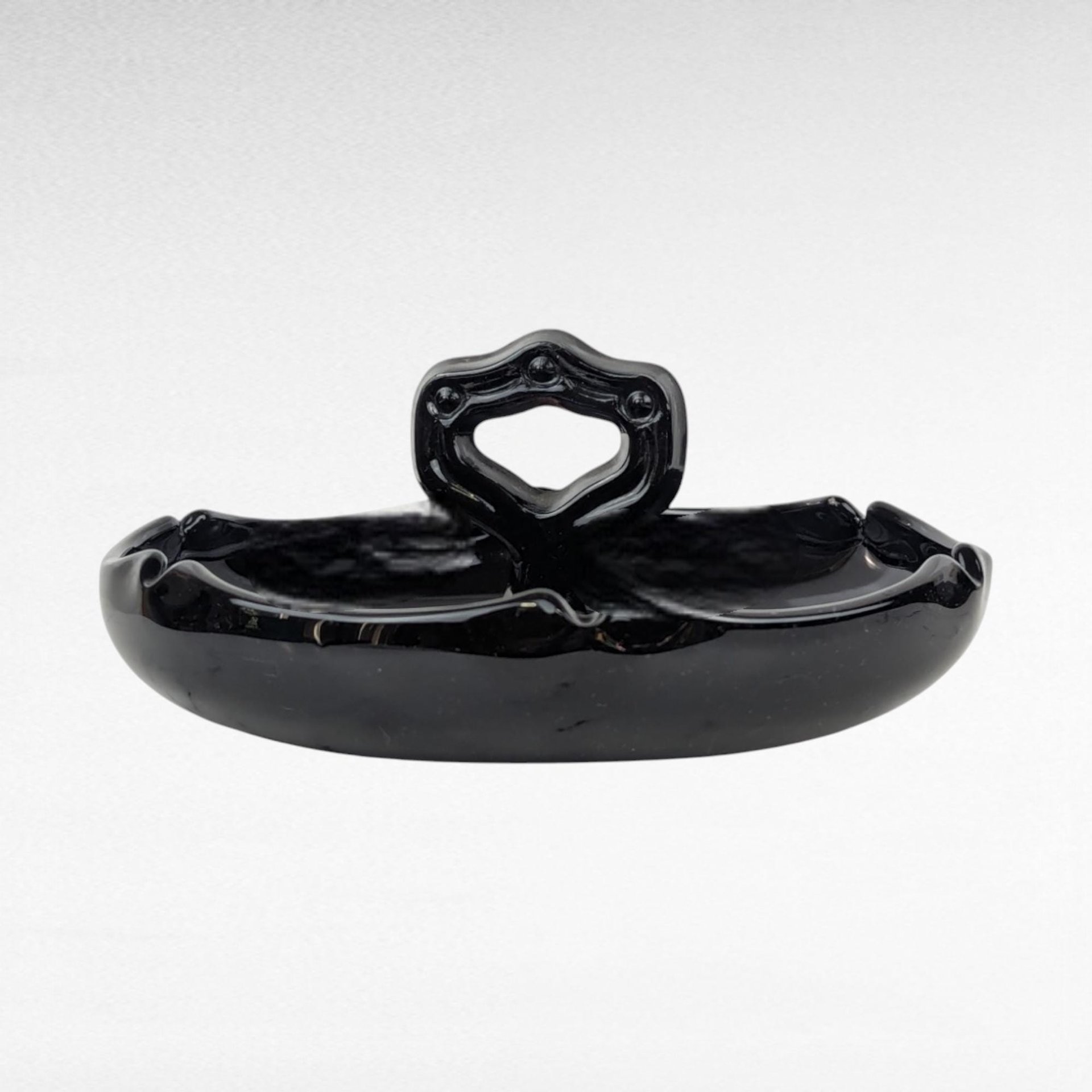 Vintage Black Glass Trinket Dish with Handle | Art Deco Dish | Vanity Tray | Candy Dish | Centerpiece Dish
