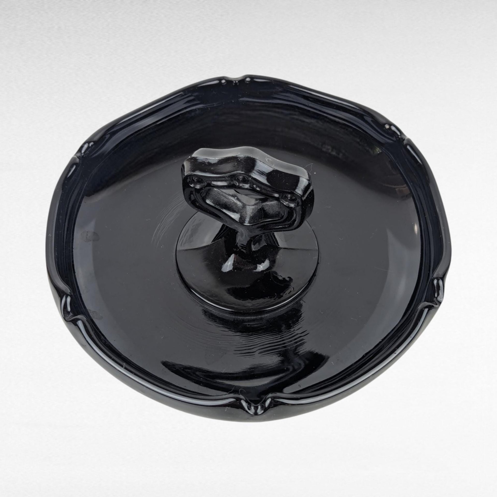 Vintage Black Glass Trinket Dish with Handle | Art Deco Dish | Vanity Tray | Candy Dish | Centerpiece Dish