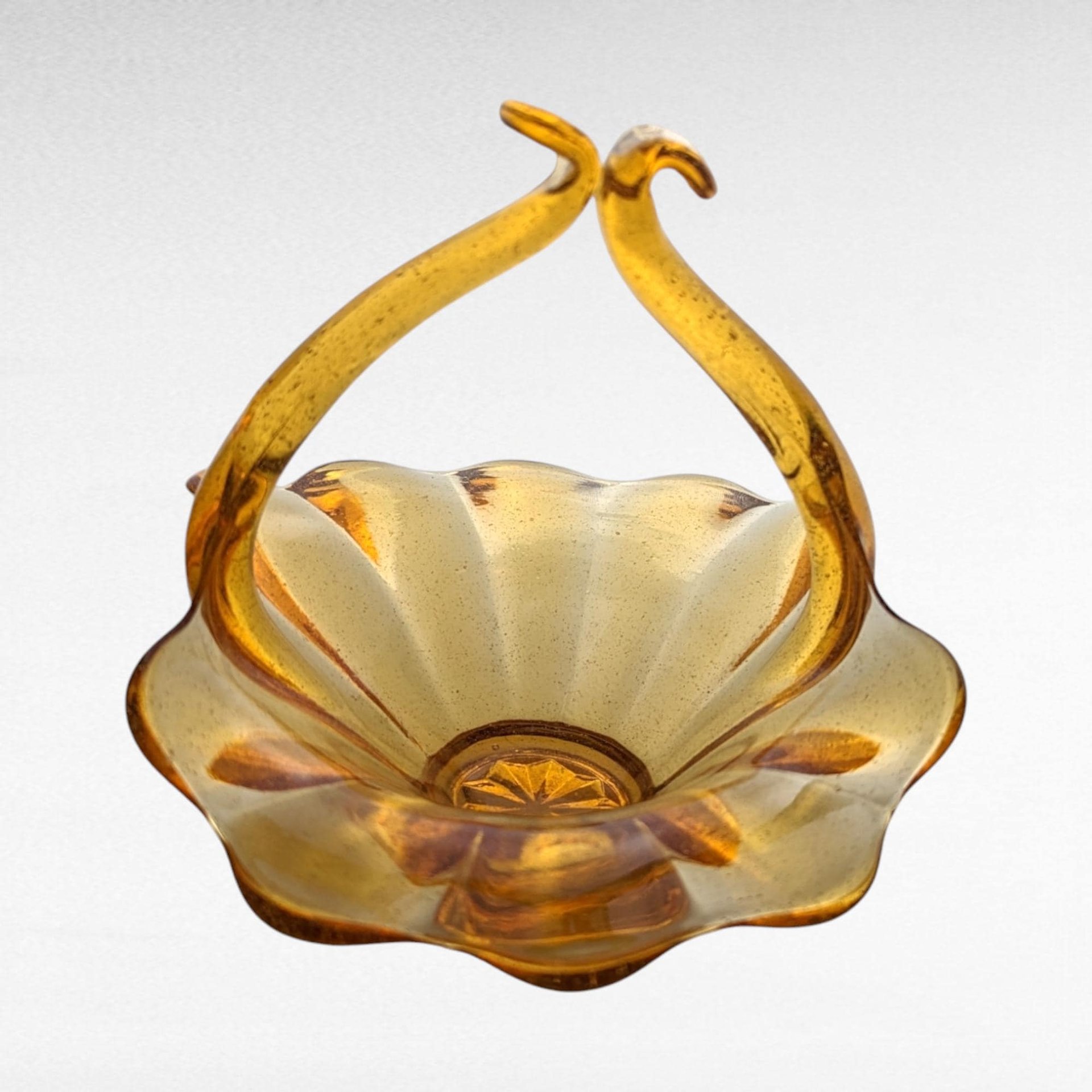 Vintage Amber Art Glass Basket | Hand Blown Glass Candy Dish | Mid Century Modern Decor
