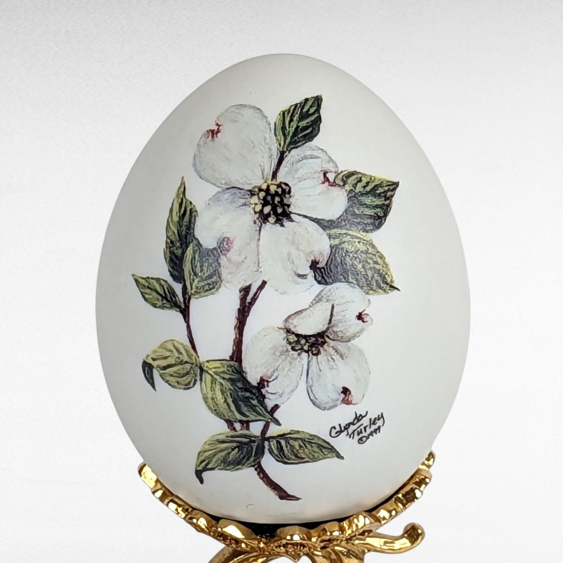 1999 Glynda Turley Floral Egg | Hand Painted Emu Egg on Gold Stand | Dogwood Blossom Art | Unique Gift for Nature Lovers