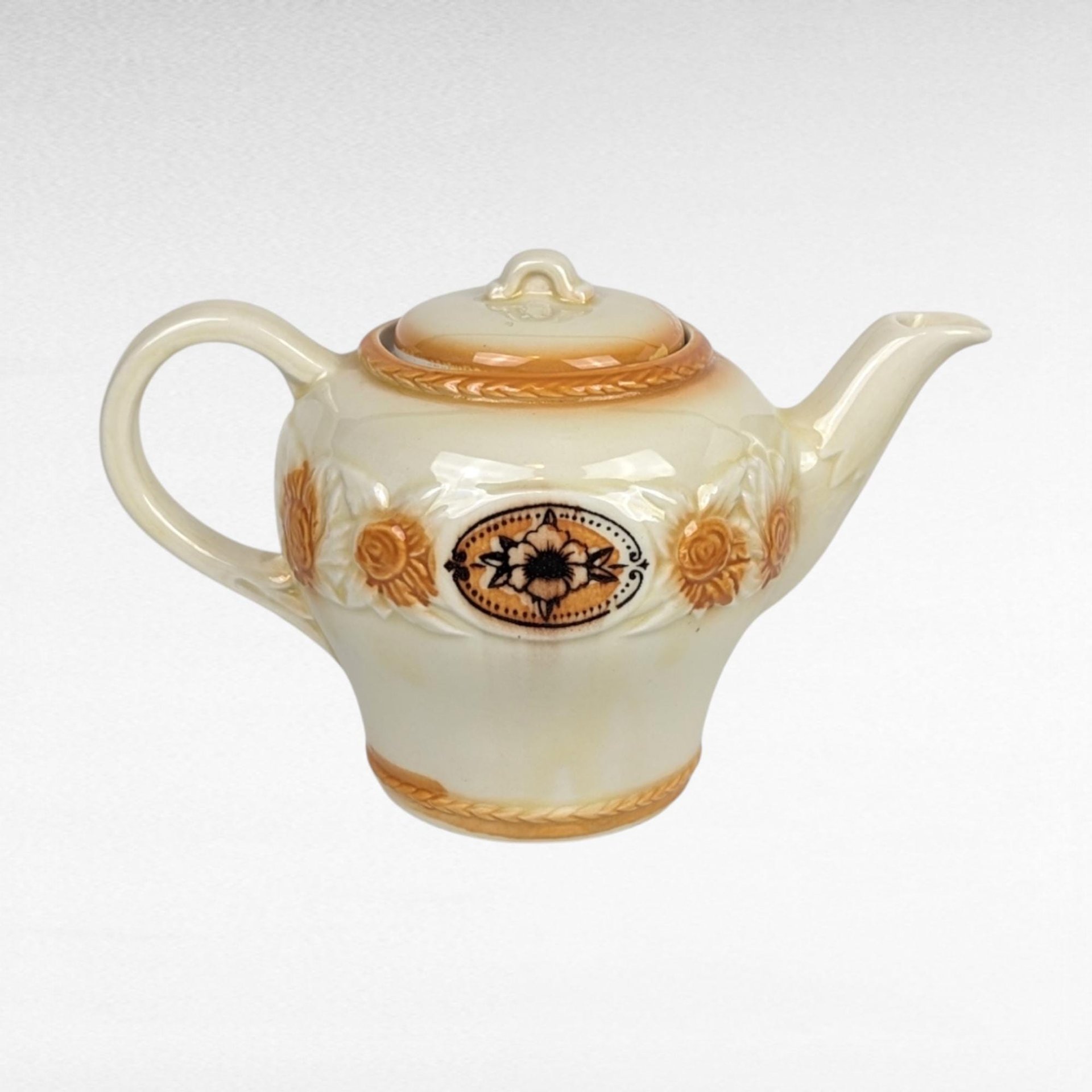 Vintage Porcelier Teapot | Brown Medallion & Sunflower Design | Cream Ceramic with Orange Accents |  Collectible Teapot