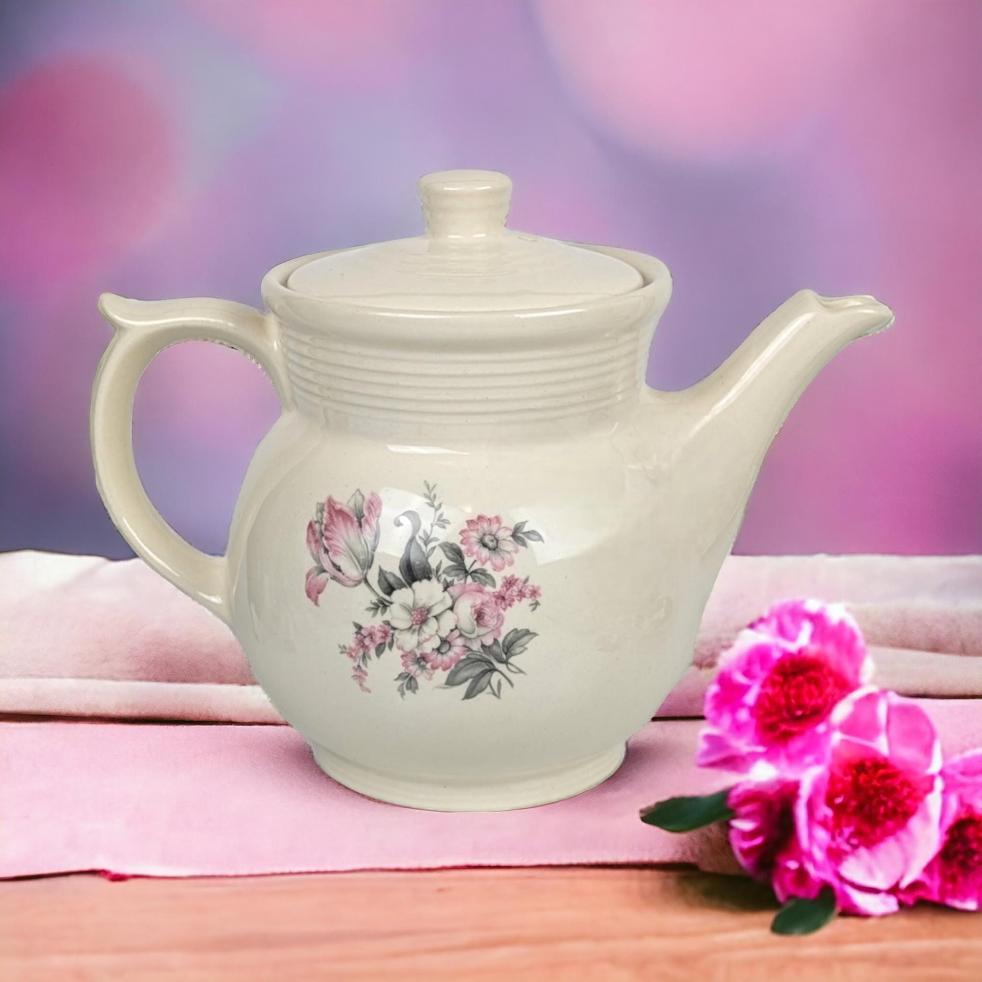 Vintage Drip-O-Lator Coffee Pot | Cream Ceramic with Pink Flowers | Retro Vase | Planter | Unique Home Decor