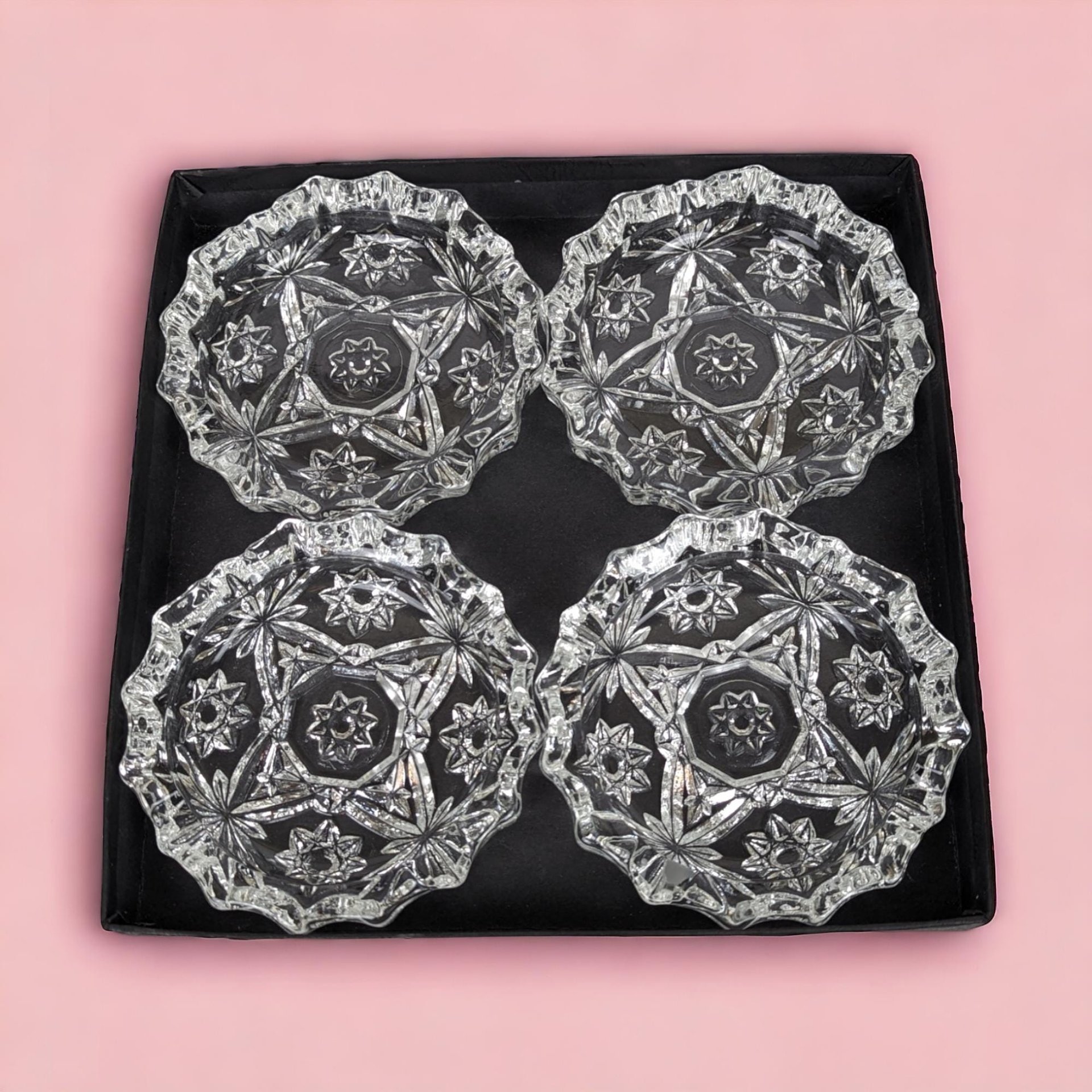 Vintage Anchor Hocking Prescut Ashtrays | Set of 4 | Early American Pattern | Glass Ashtrays | Mid-Century Modern |  Original Box