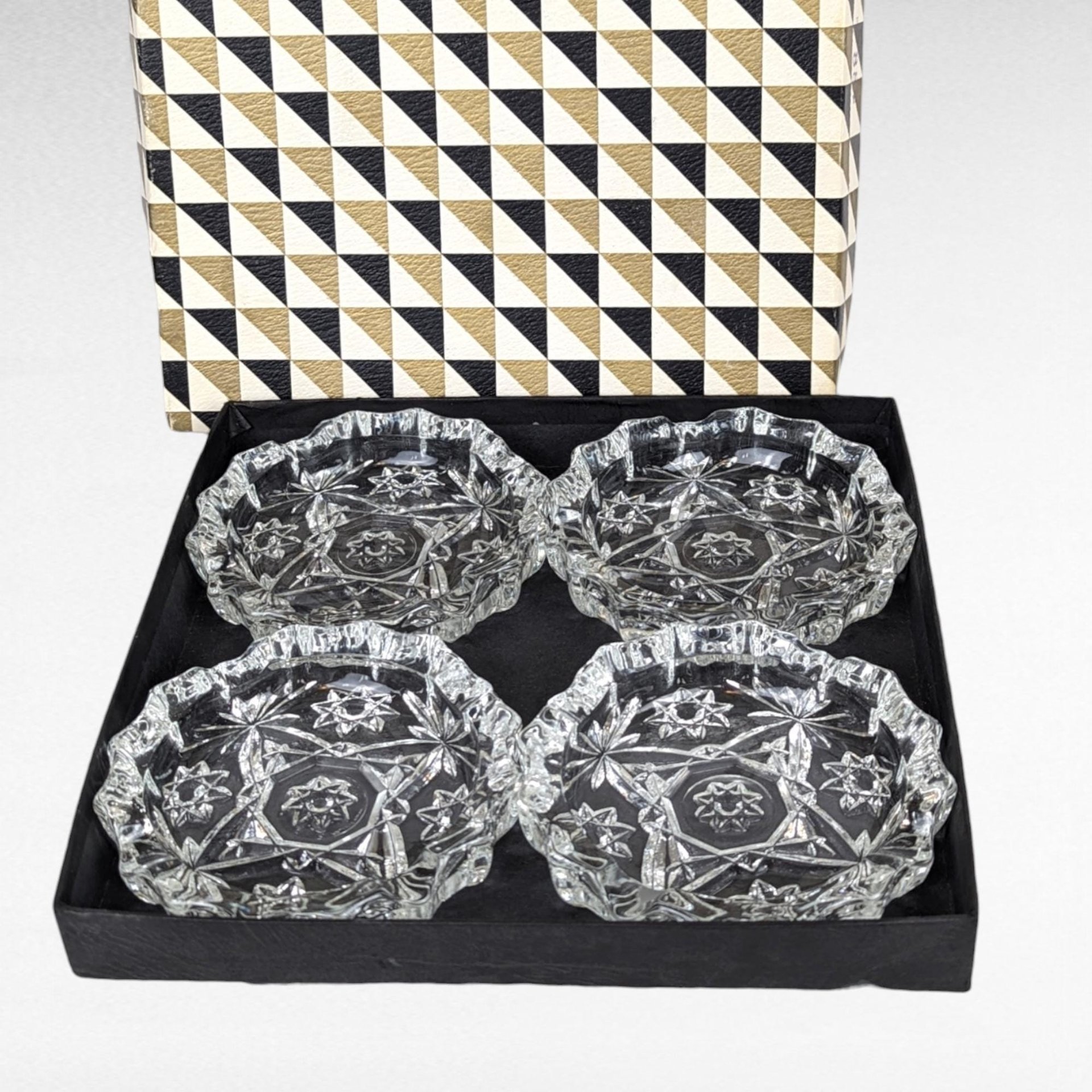 Vintage Anchor Hocking Prescut Ashtrays | Set of 4 | Early American Pattern | Glass Ashtrays | Mid-Century Modern | Original Box