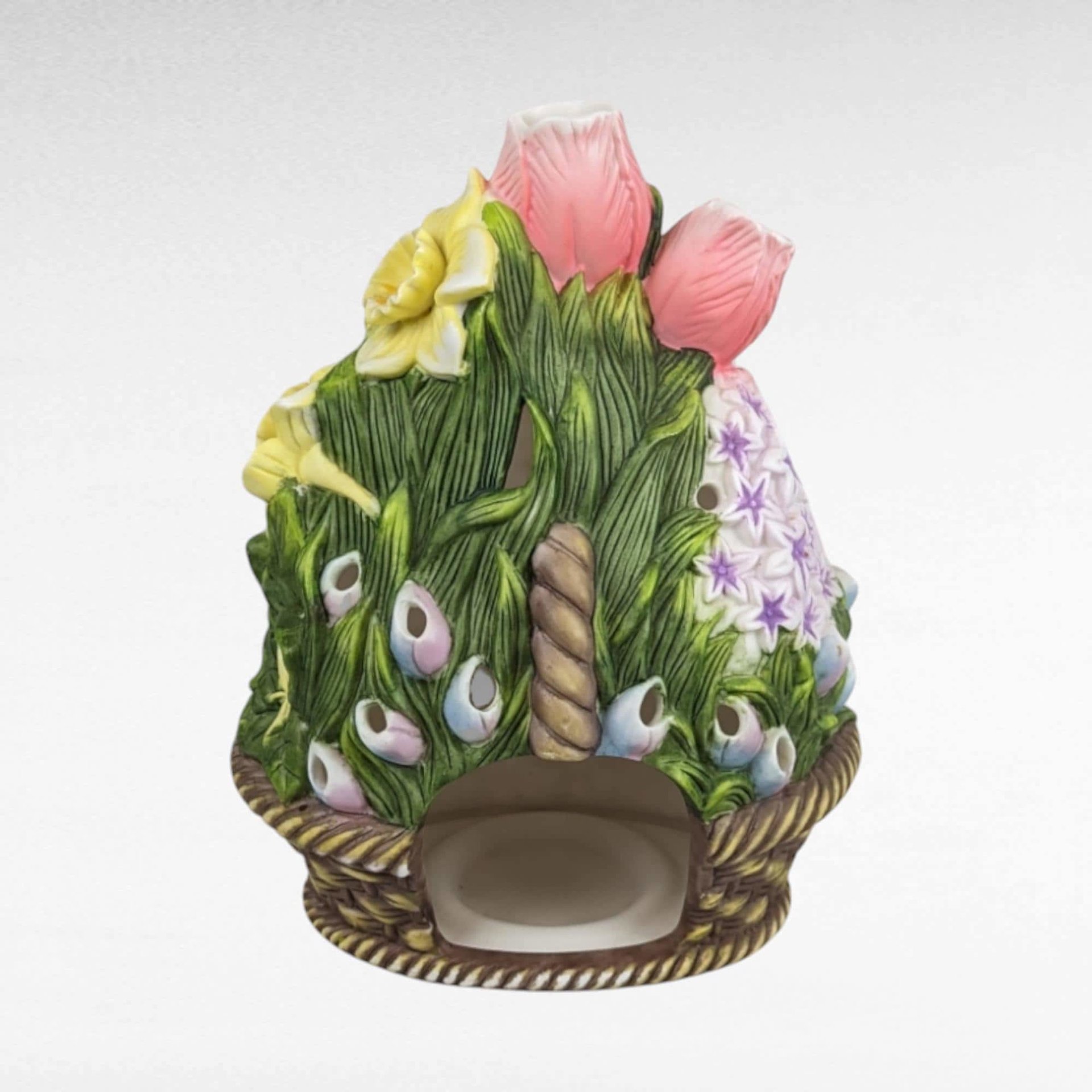 PartyLite Floral Basket Candle Holder | Retired | Ceramic Flower Basket | Tulips, Daffodils, Hyacinth | Spring Decor