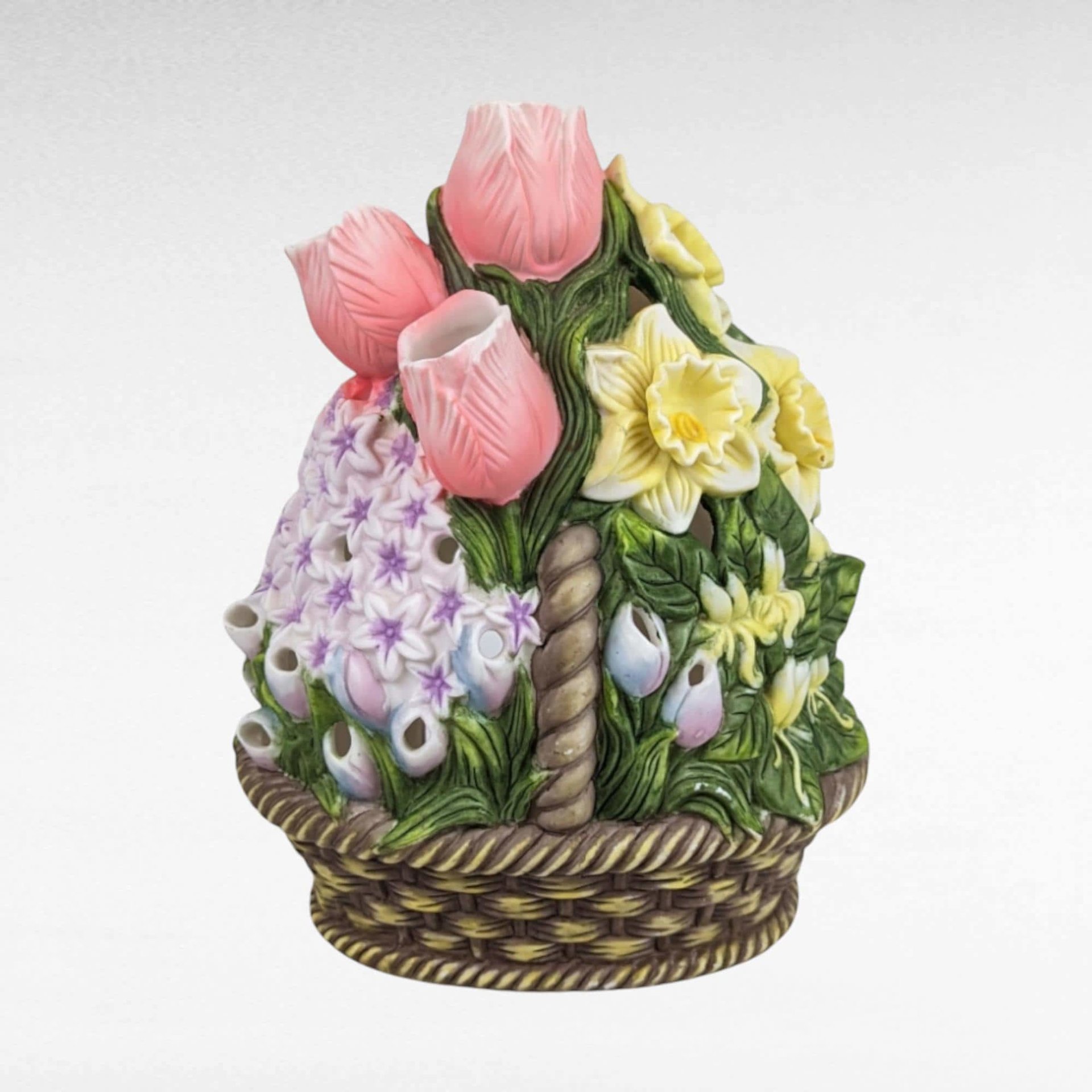 PartyLite Floral Basket Candle Holder | Retired | Ceramic Flower Basket | Tulips, Daffodils, Hyacinth | Spring Decor