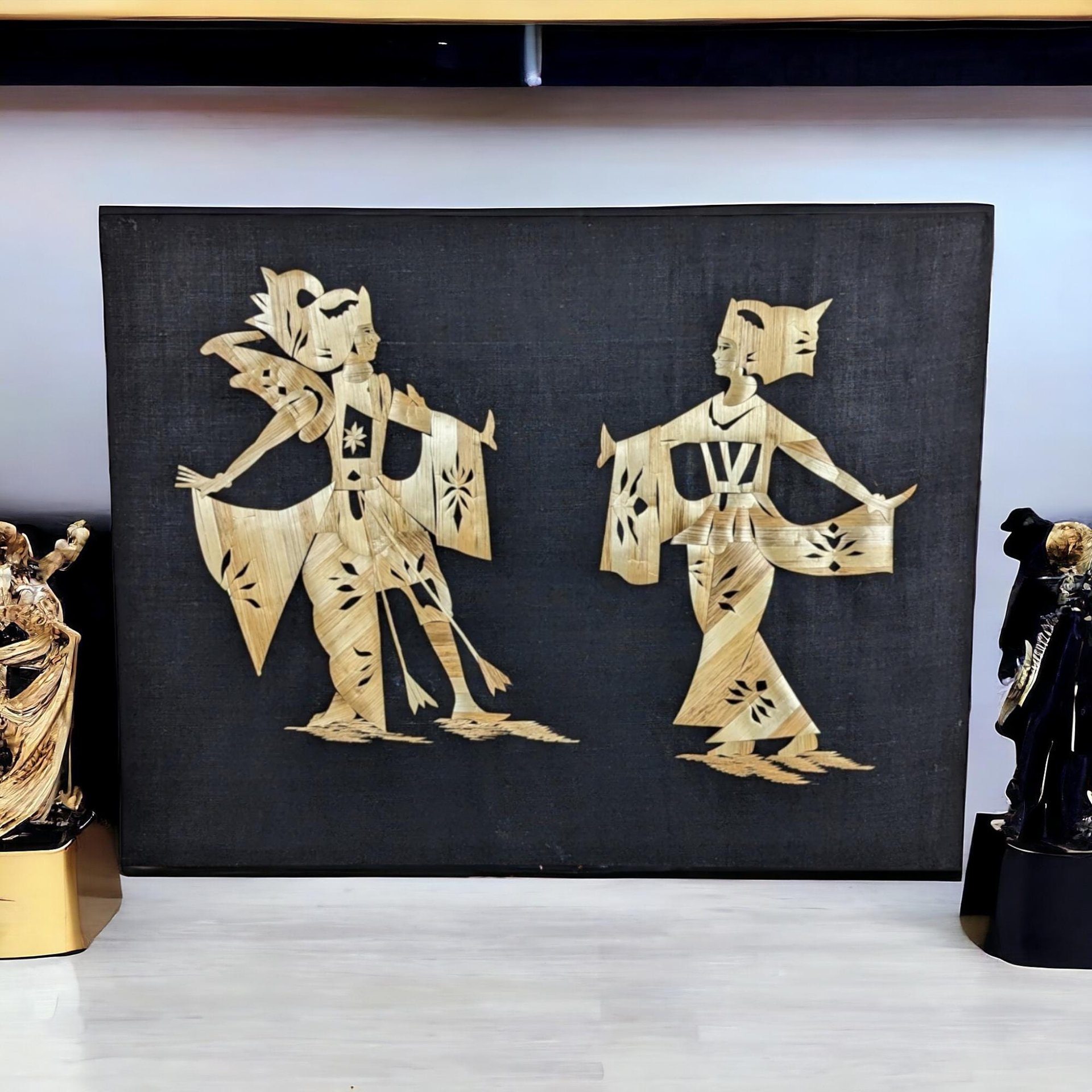 Vintage Asian Straw Art, Man and Woman Dancing,  Wall Decor, Boho Decor, Handmade Art, 11.5 x 15 Inches, Unframed