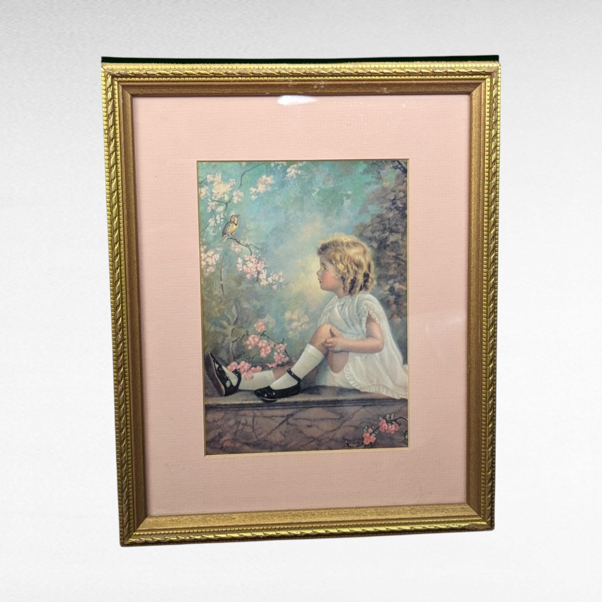 1930s Framed Prints Little Girls, "Song of the Bluebird" & "Song of the Lark," Vintage Children's Wall Art