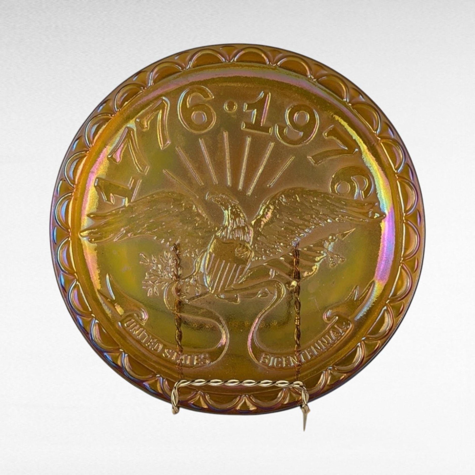 Vintage Indiana Glass Carnival Plate, US Centennial, American Eagle, Iridescent Glass, Collectible Plate, Patriotic Decor