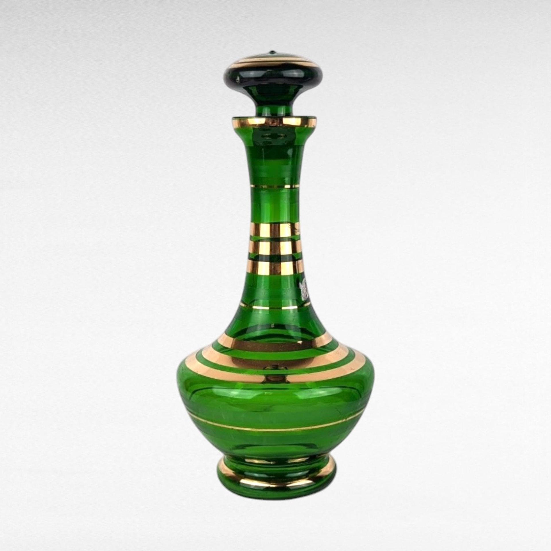 Vintage Borske Sklo Green and Gold Decanter, Bohemian Glass, Czech Glass, Liquor Decanter,  Barware, Mid-Century Modern, Home Decor