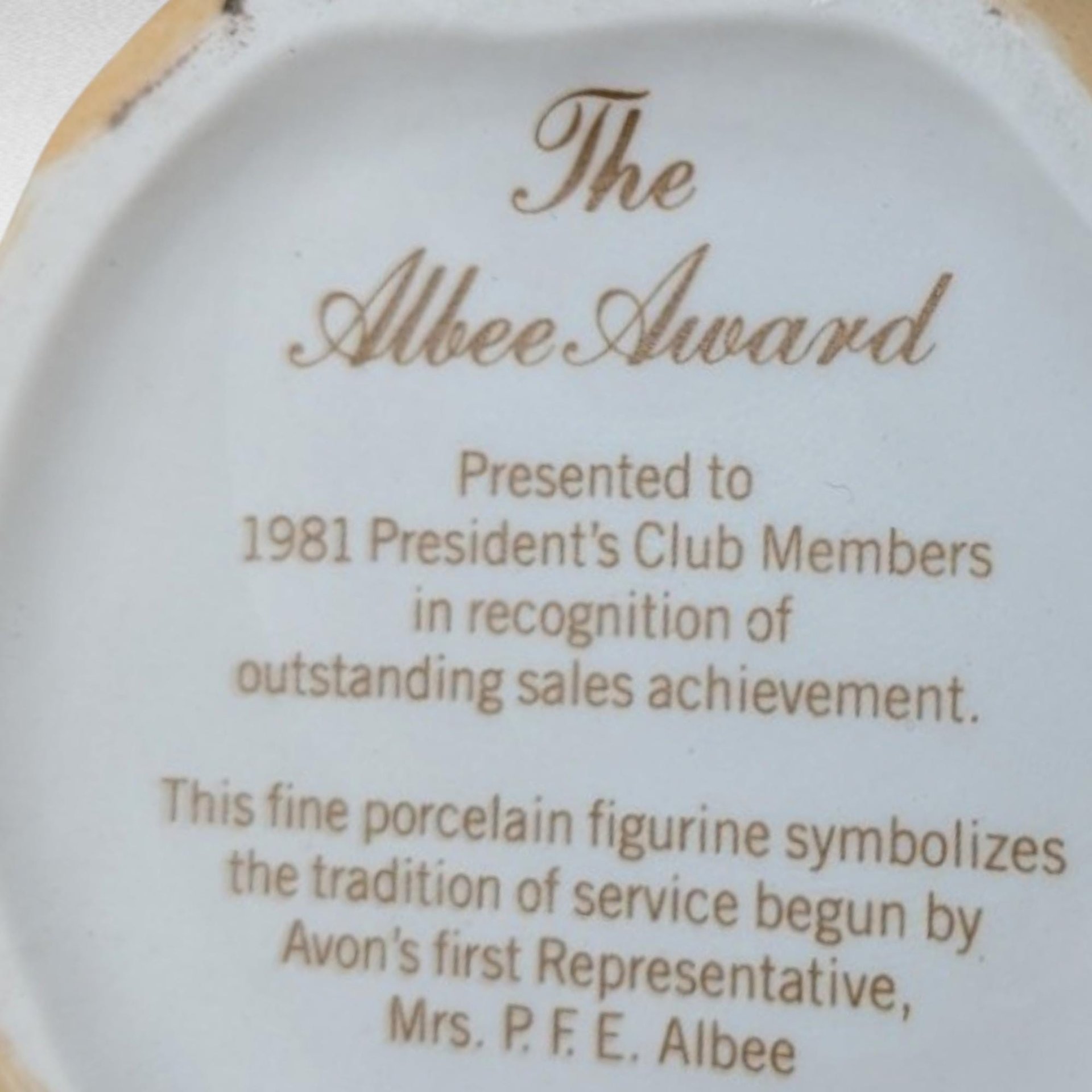 1981 Avon Mrs. Albee Award Figurine, Vintage Avon Collectible, Woman in Orange Dress, Sales Achievement Award, Ceramic Figurine
