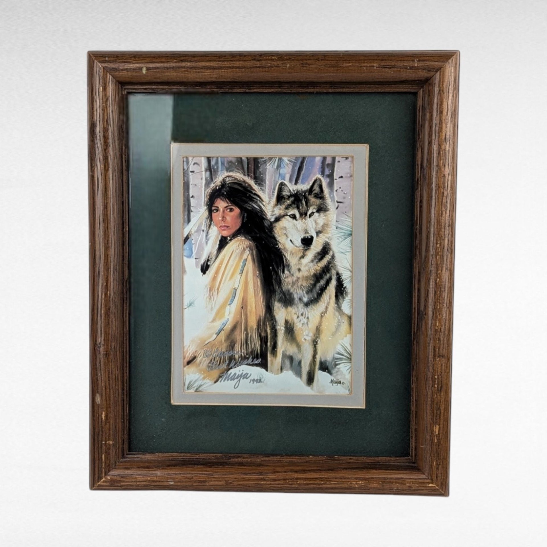 Vintage Signed Maija "Silent Partners" Framed Print, Native American Art, Wolf, Wall Decor, Collectible, 12x9.75 Inches