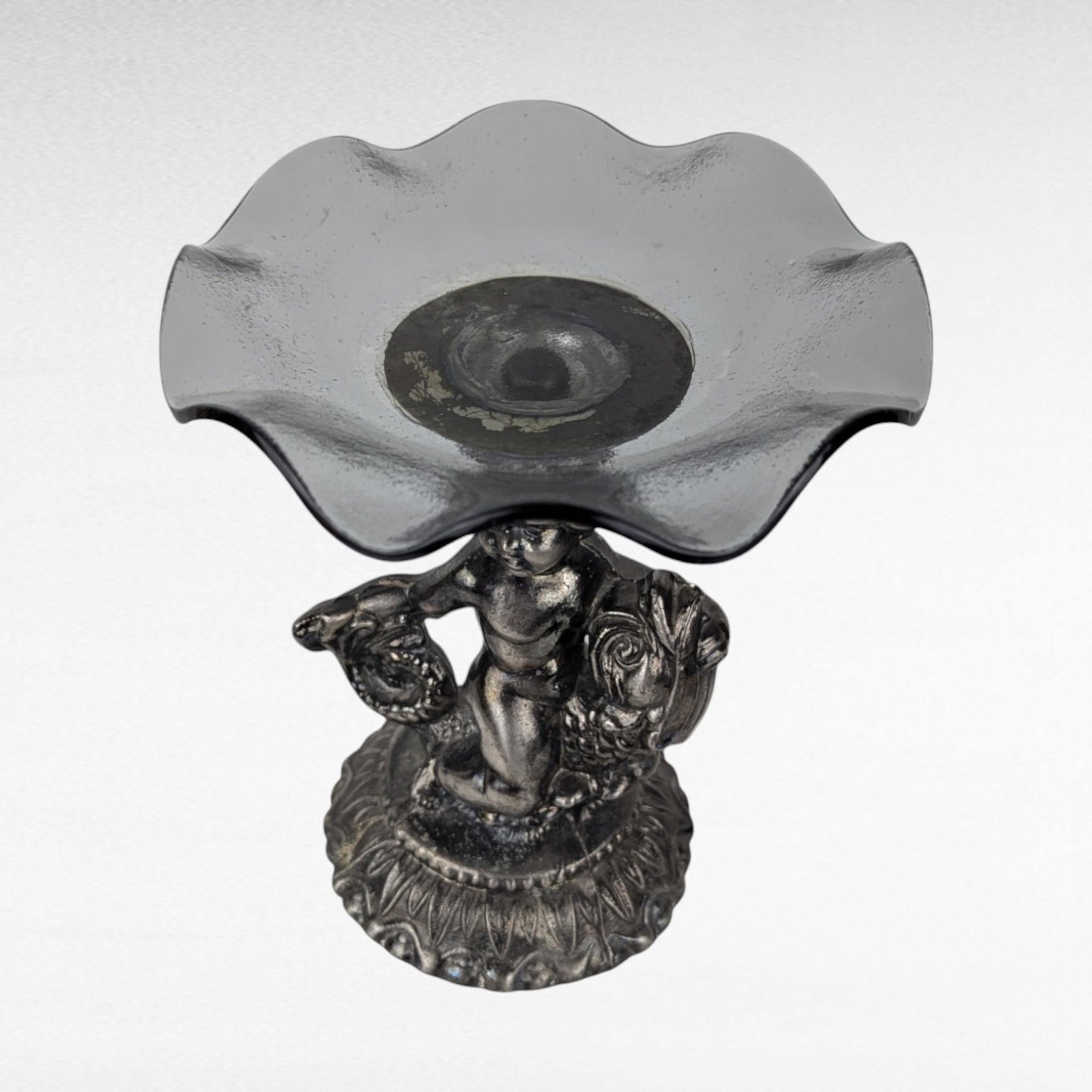 Vintage Cast Pewter Pedestal Dish, Cherub and Koi Fish, Glass Candy Dish, Trinket Dish, Unique Home Decor