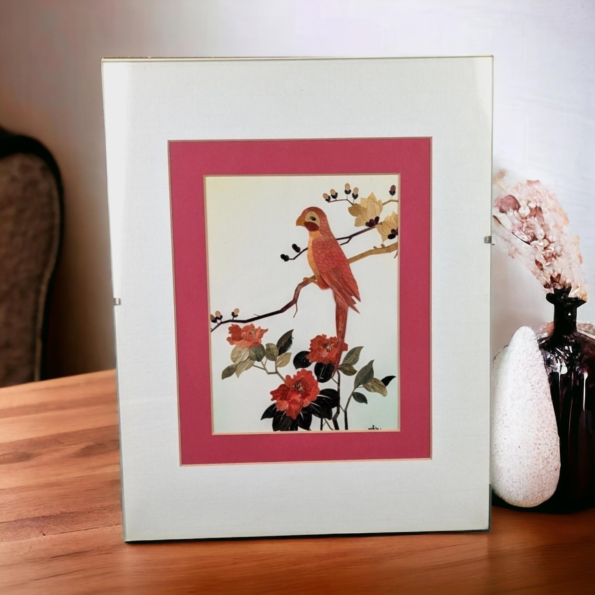 Vintage Bamboo Art Bird Wall Hanging | Asian Inspired Decor | Framed Bird and Flower Art