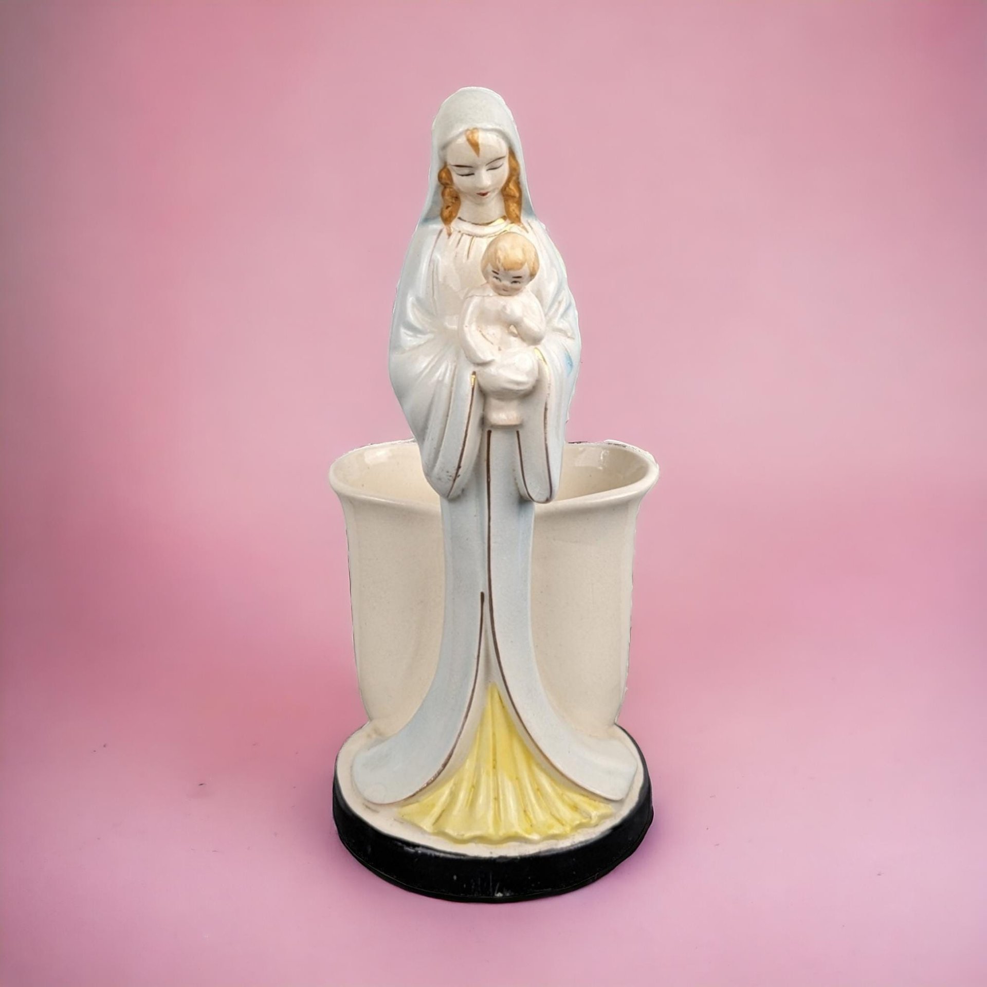 Vintage Madonna and Child Planter | Made in Japan | Ceramic Virgin Mary with Baby Jesus | Religious Decor | Floral Decor