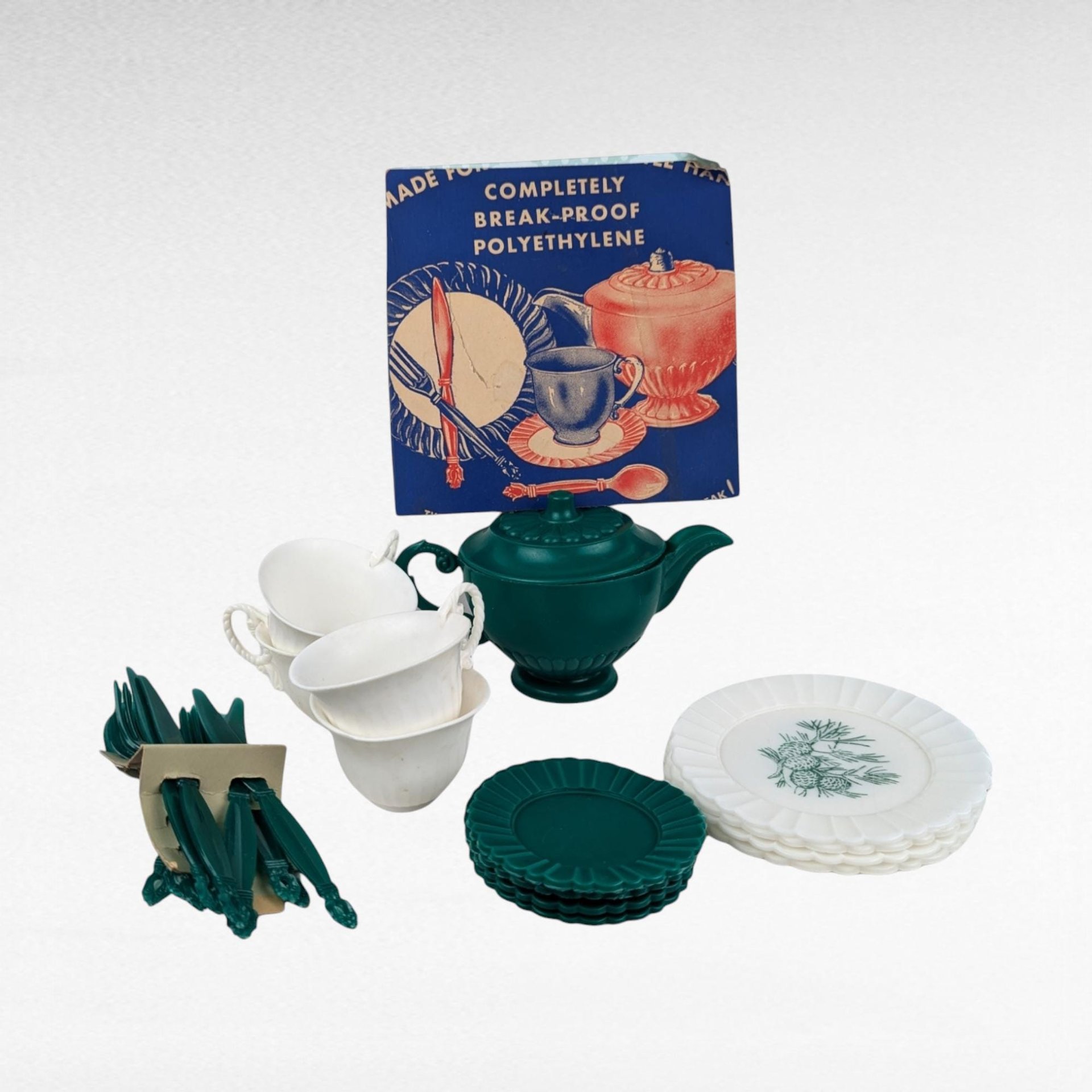 Vintage Polyethylene Child's Tea Set, Green and White, 1950s Play Dishes, Unbreakable, Retro Toy