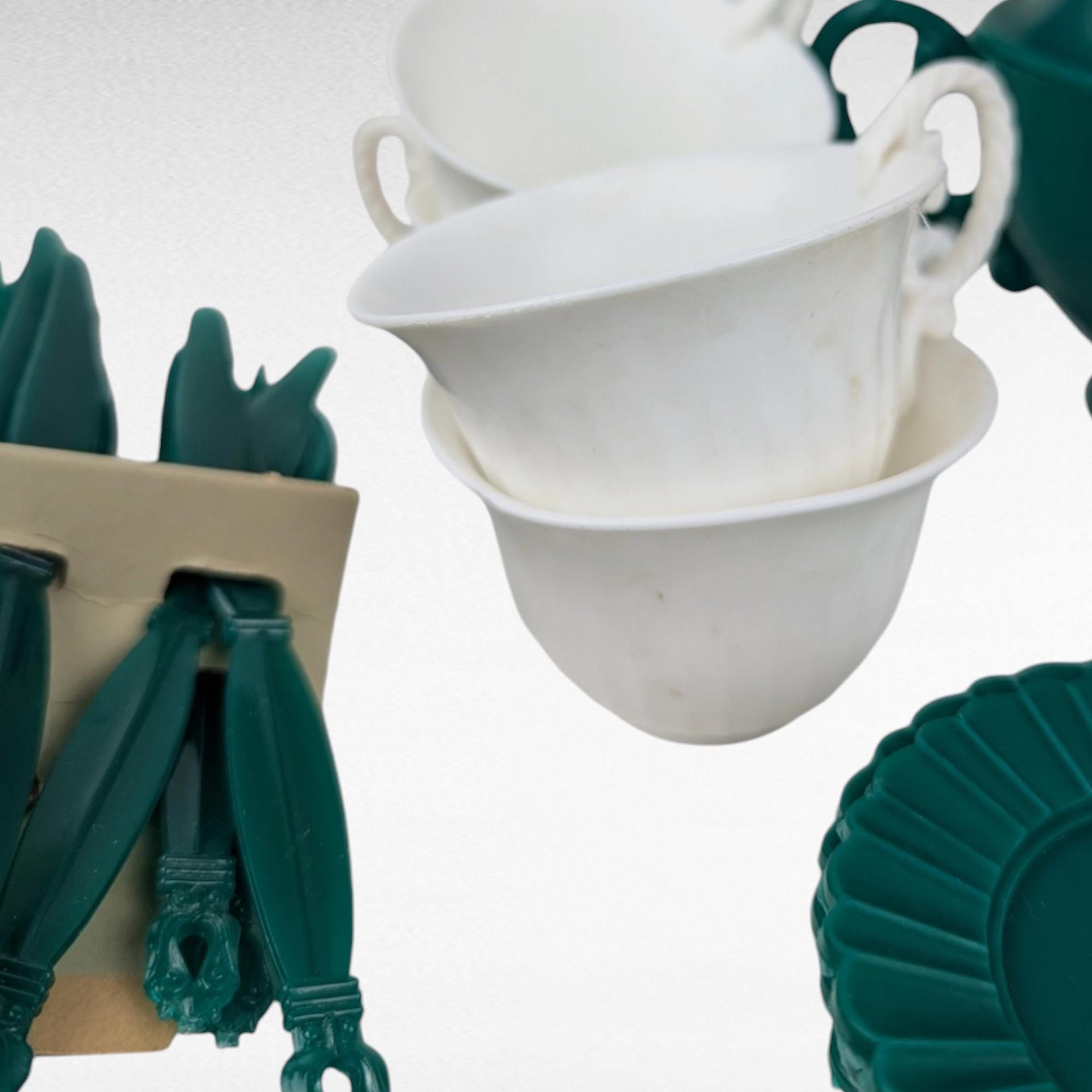 Vintage Polyethylene Child's Tea Set, Green and White, 1950s Play Dishes, Unbreakable, Retro Toy