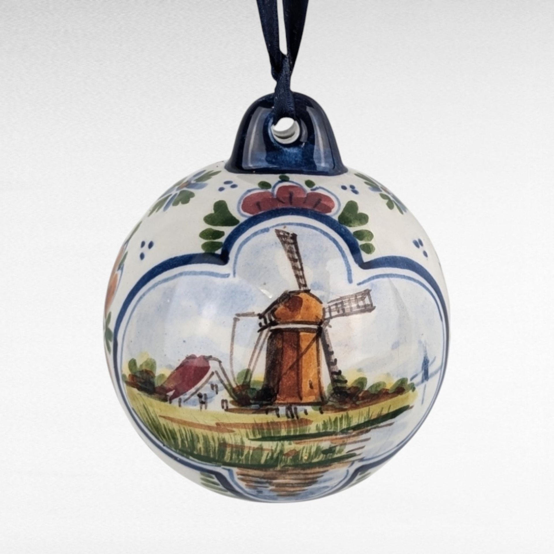 Vintage Ceramic Windmill Christmas Ornament | Dutch Windmill | Hand-Painted | Holland | Blue and White