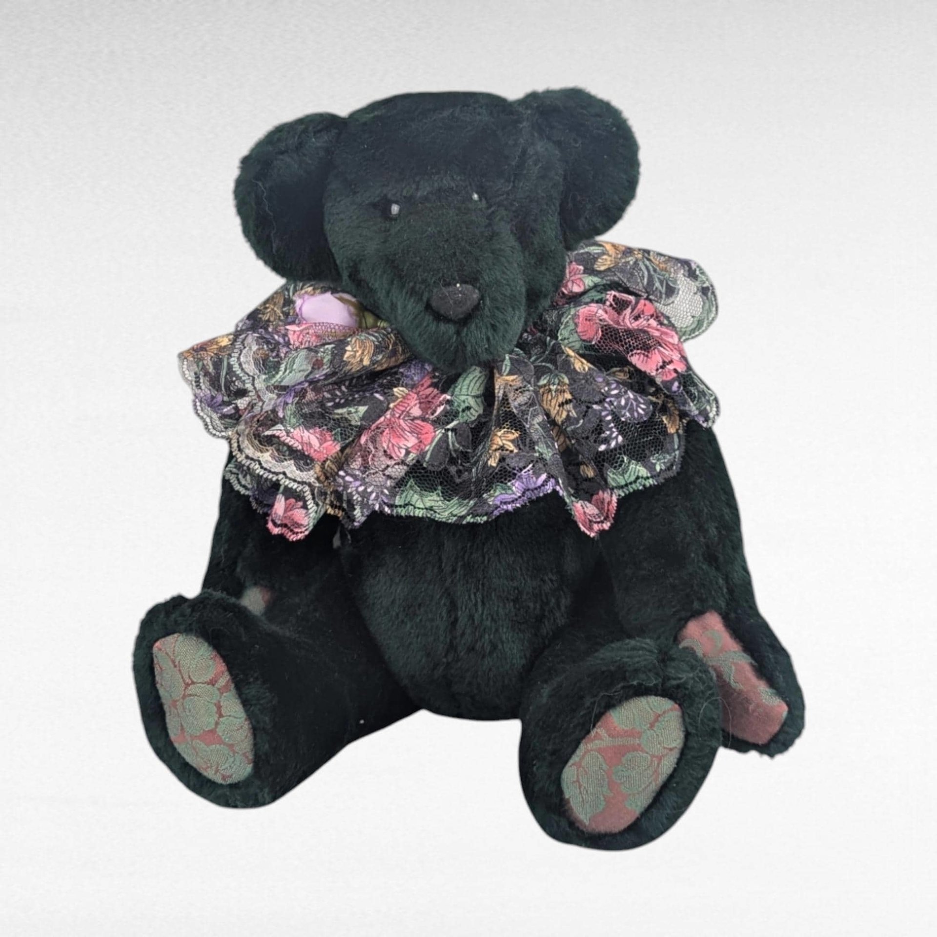 1994 Johnson Creations Green Teddy Bear | Floral Lace Collar | Plush Bear | Collectible Teddy Bear
