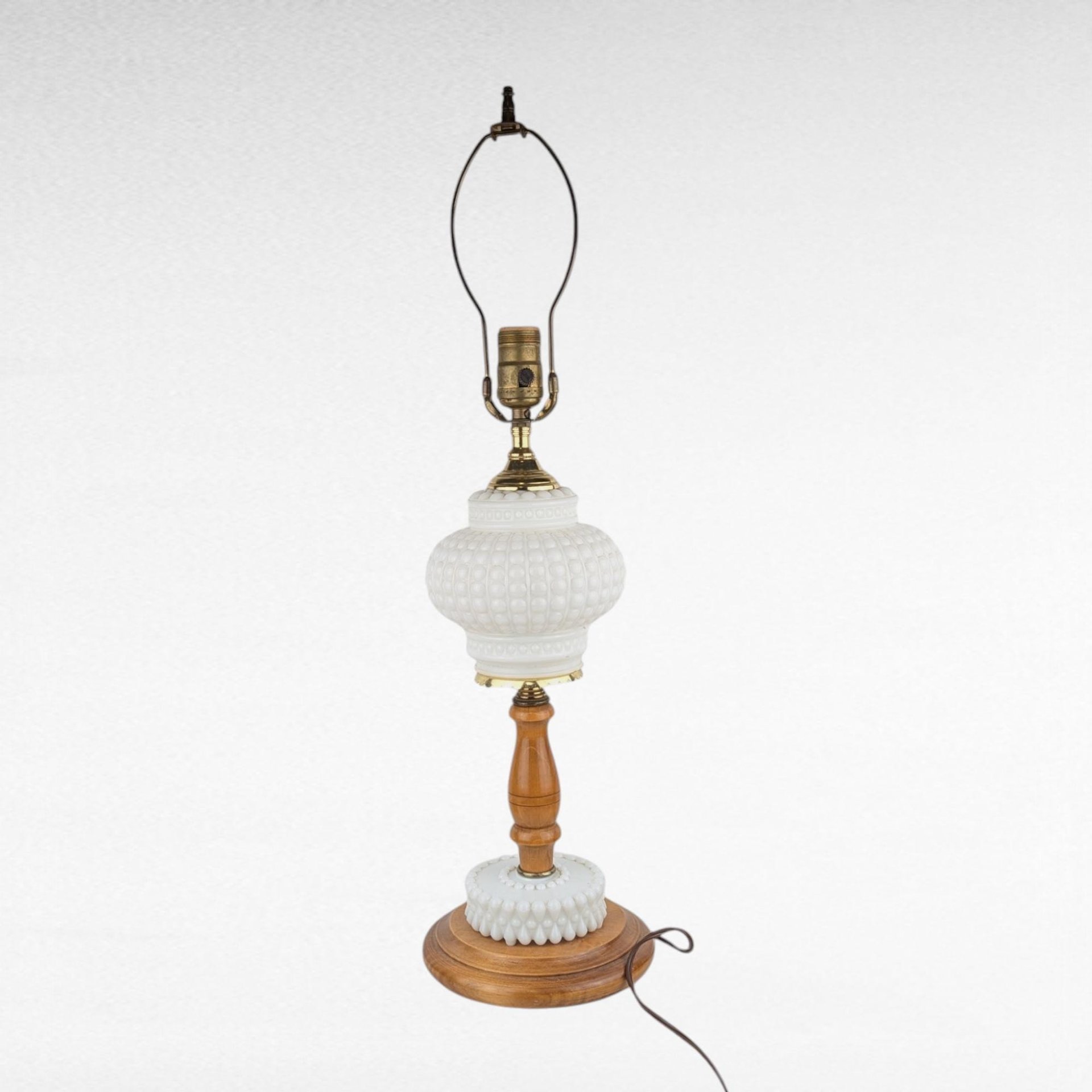 Vintage Milk Glass & Wood Lamp - Hobnail Milk Glass Lamp - Mid-Century Modern Lighting -  Table Lamp - Bedroom Decor