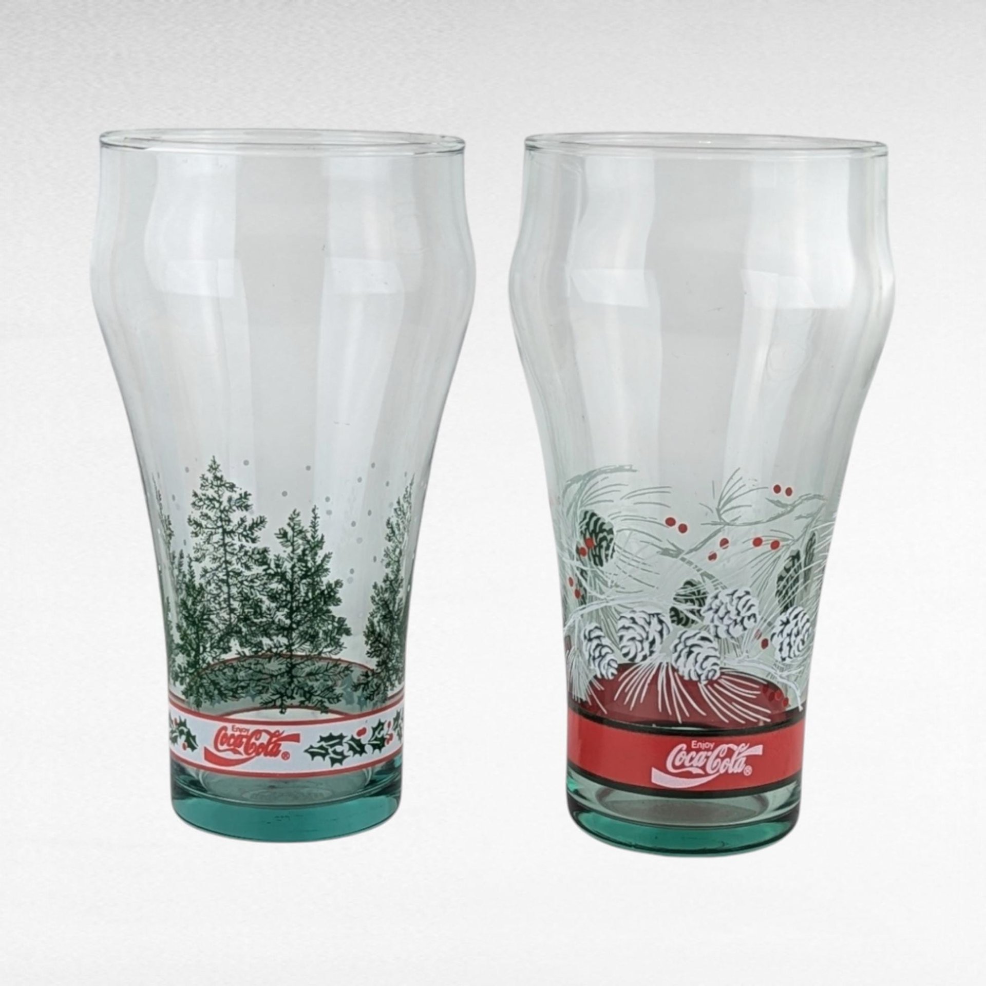 Set of 4 Coca-Cola Christmas Glasses - Pine Cone and Tree Design - Vintage Holiday Decor - Collectible Coke Glasses