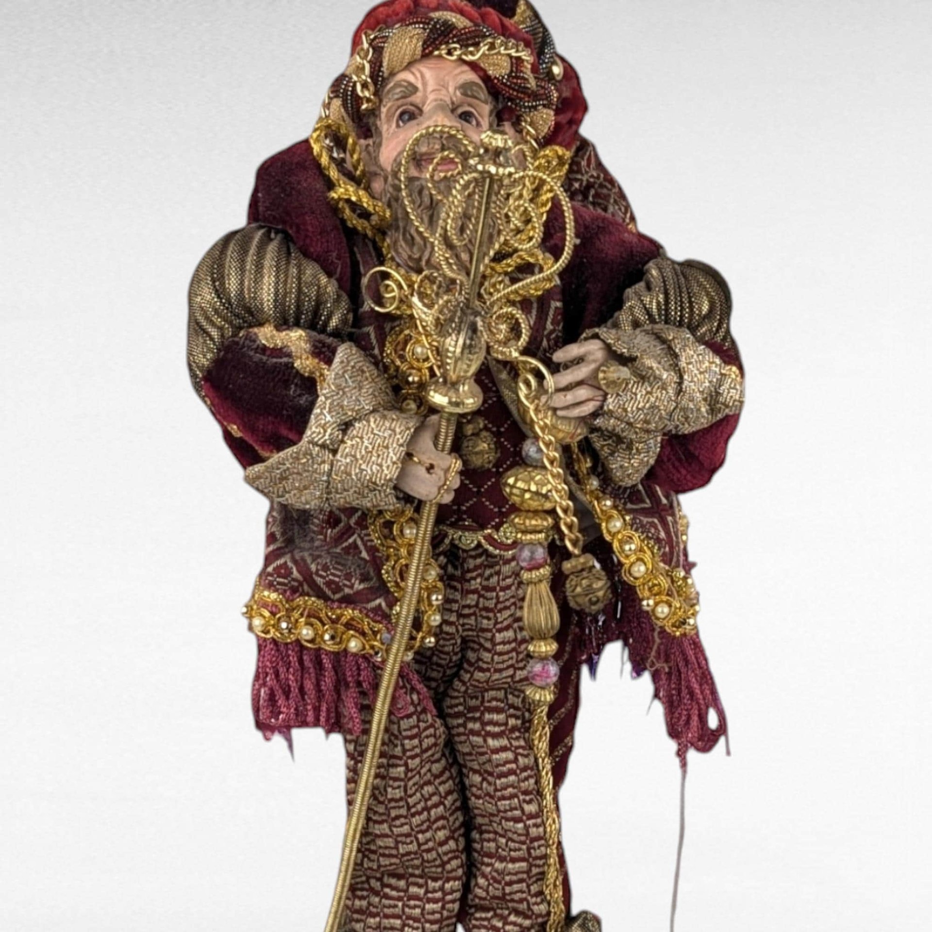 Vintage Santa's Elf Jester Figure in Maroon | Whimsical Christmas Decor | Holiday Elf Figurine with Staff | Unique Christmas Elf