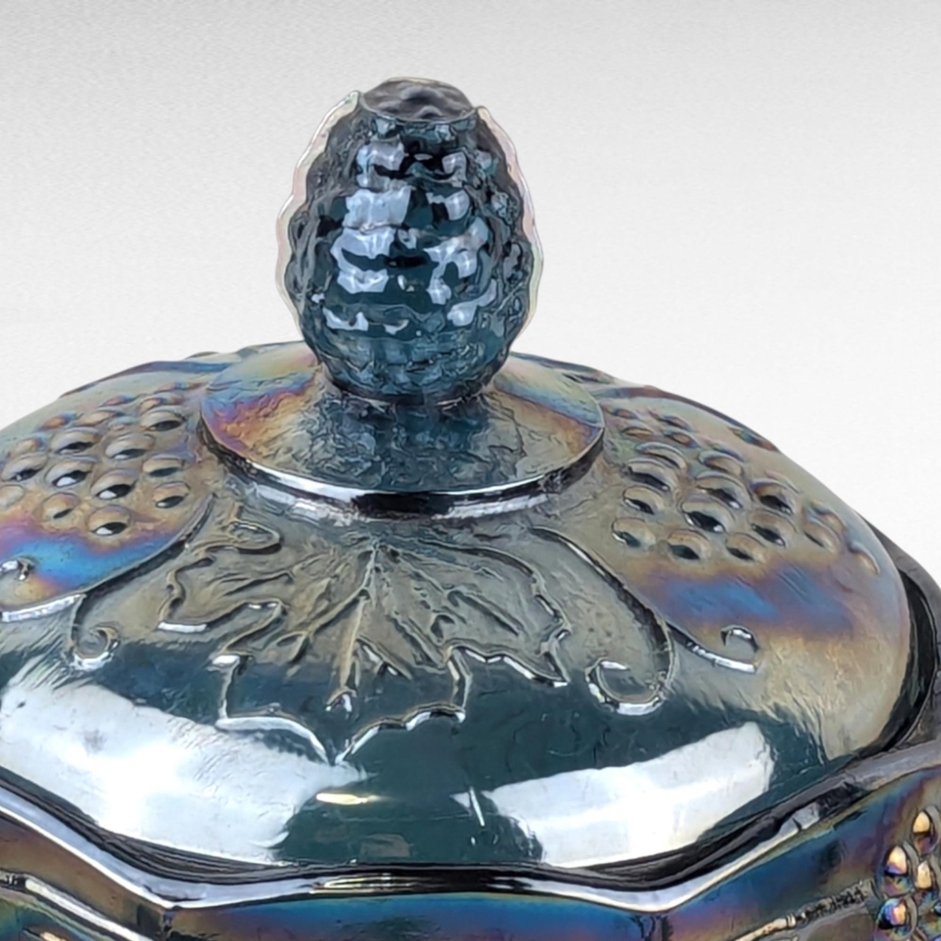 Vintage Indiana Glass Harvest Grape Carnival Glass Lidded Candy Dish, Iridescent Blue Glass,  Collectible Glassware