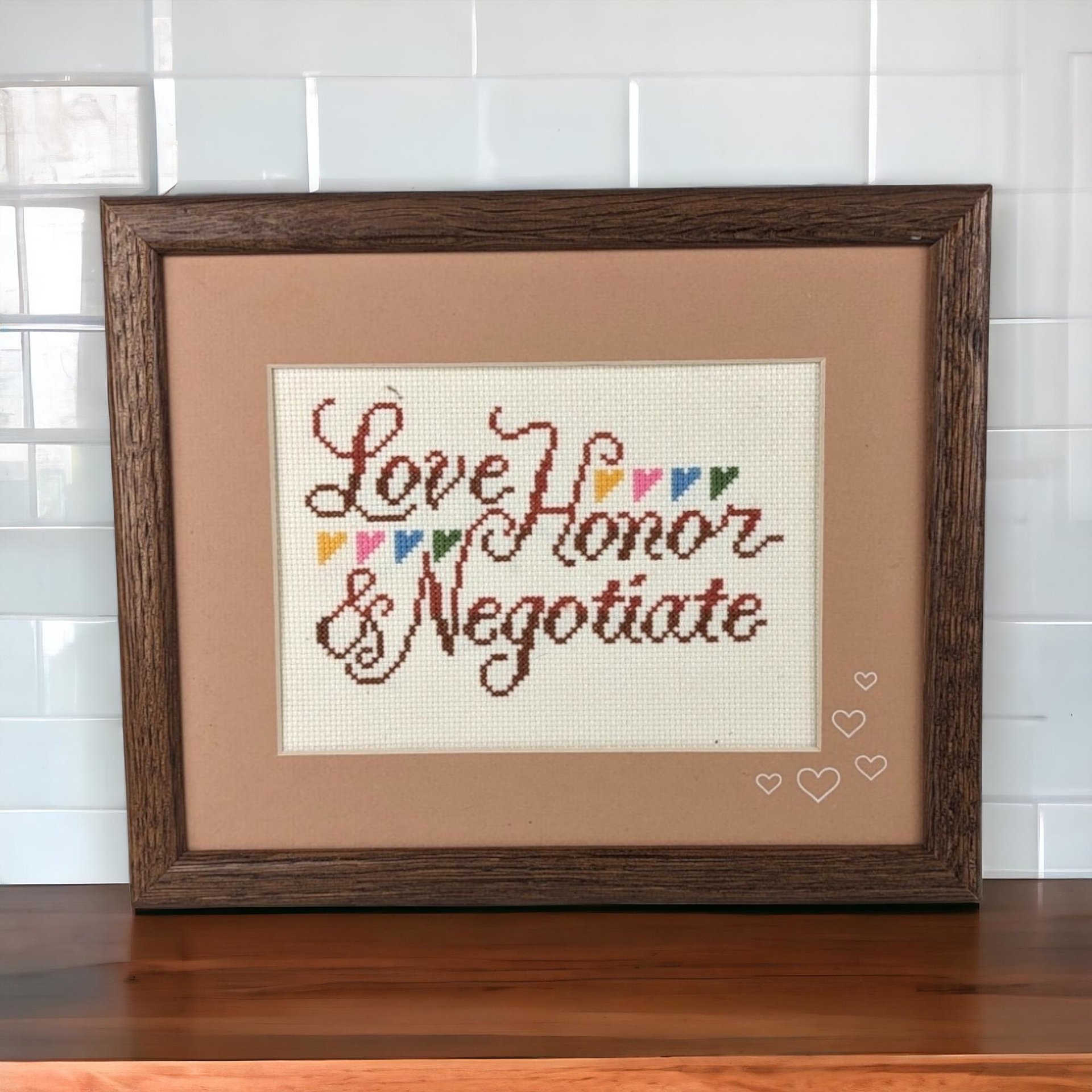Vintage Framed Cross Stitch "Love, Honor, & Negotiate" | Funny Cross Stitch | Wedding Gift | Anniversary Gift | Home Decor