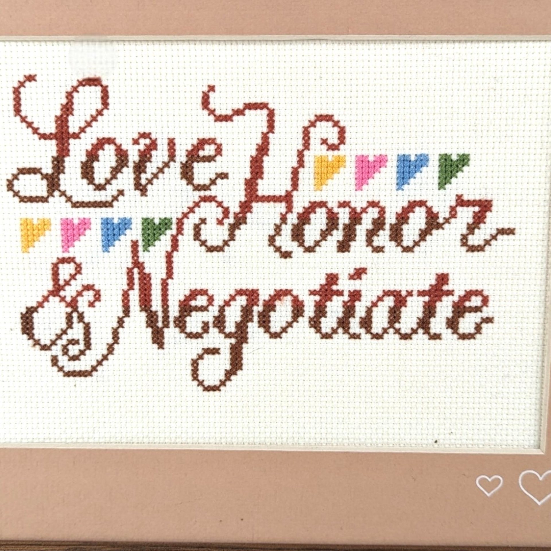 Vintage Framed Cross Stitch "Love, Honor, & Negotiate" | Funny Cross Stitch | Wedding Gift | Anniversary Gift | Home Decor
