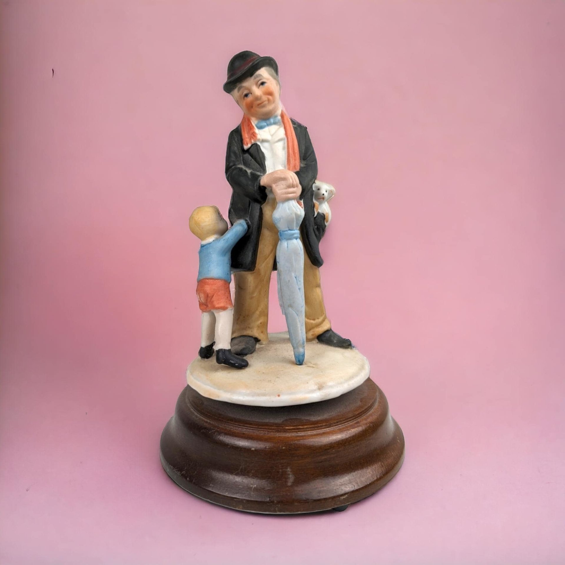 Vintage Albert Price Ceramic & Wood Music Box, Man and Child Figurine, Unknown Song, Collectible Music Box