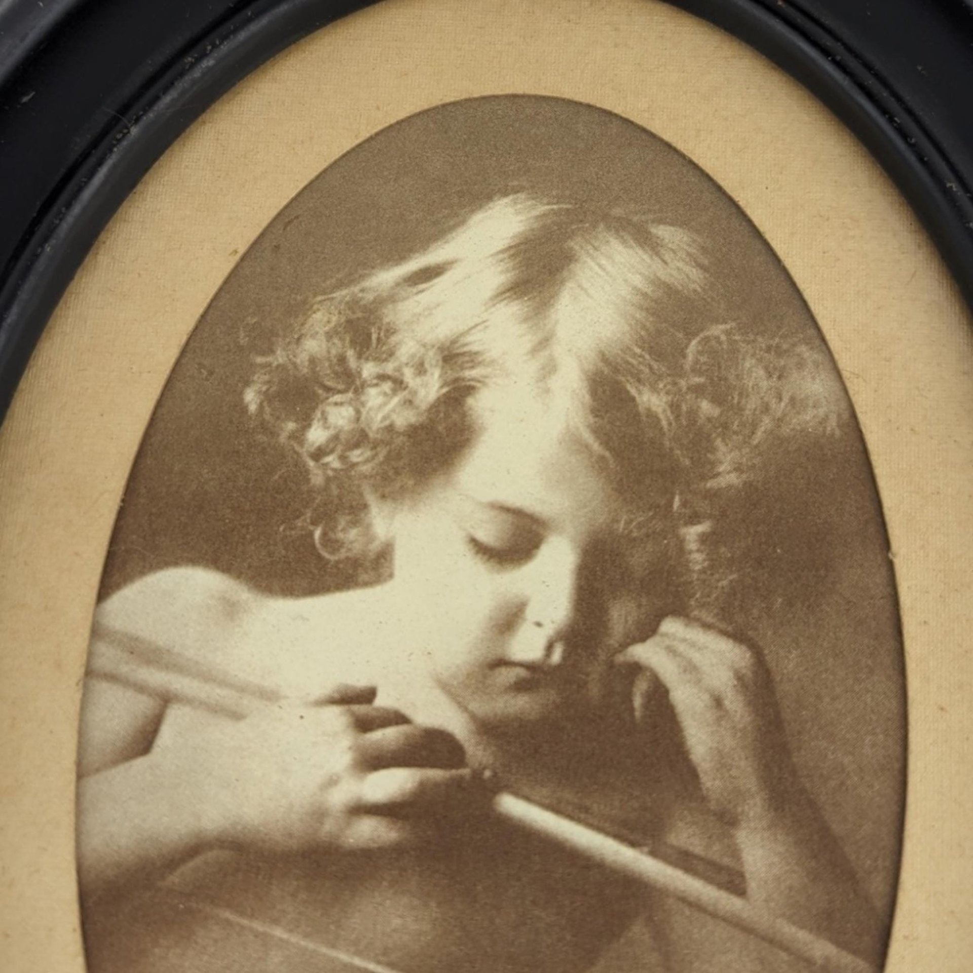 Vintage Cupid Asleep Framed Print by M.B. Parkinson - Romantic Wall Decor - Cherub Art - Oval Frame