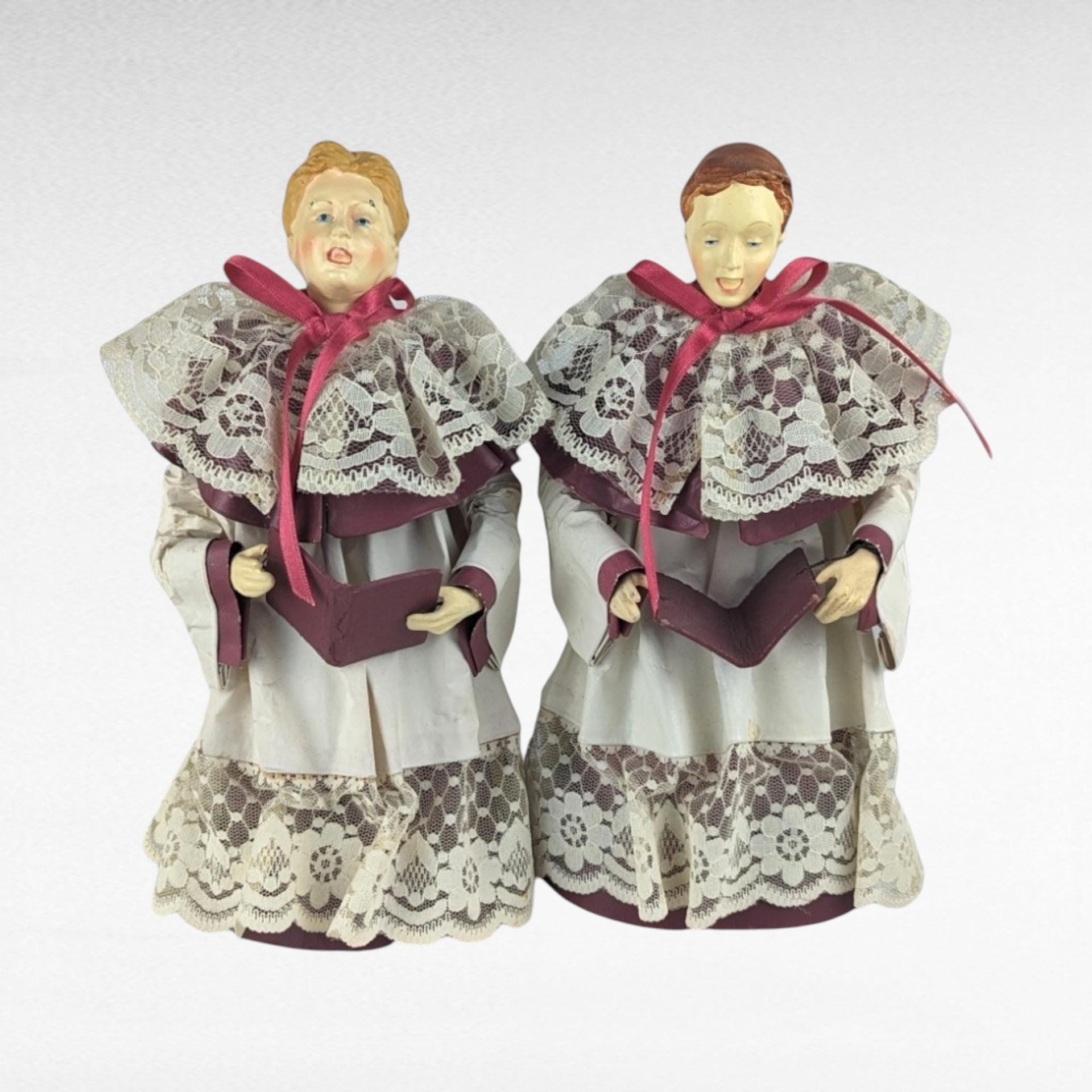 Vintage Caroler Figure Pair, Christmas Choir Singers, Holiday Decor, Small Tree Toppers, 10 inches Tall, Retro Christmas Decorations
