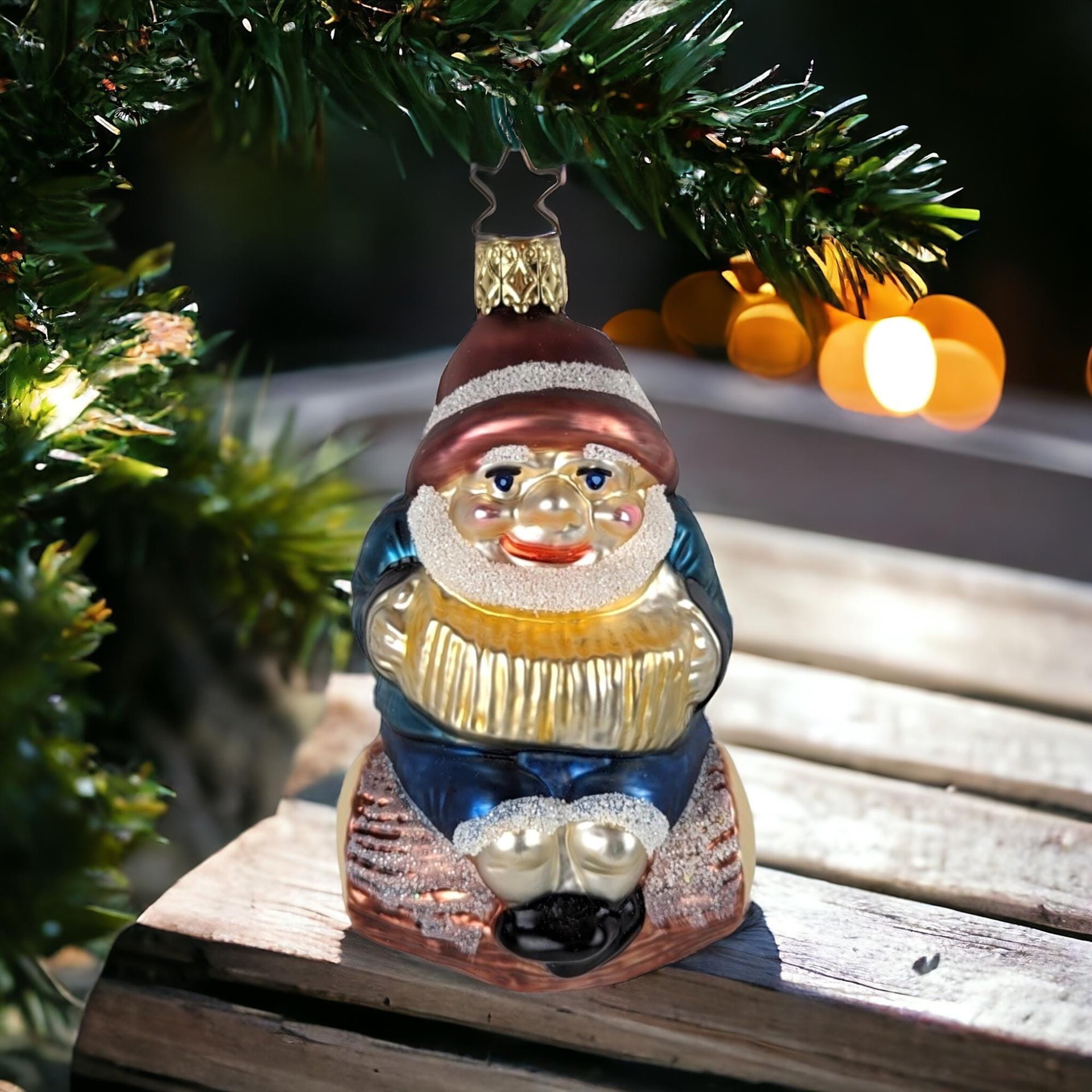 Vintage Merck Family Gnome Christmas Ornament - Glass Gnome on a Log - German Blown Glass
