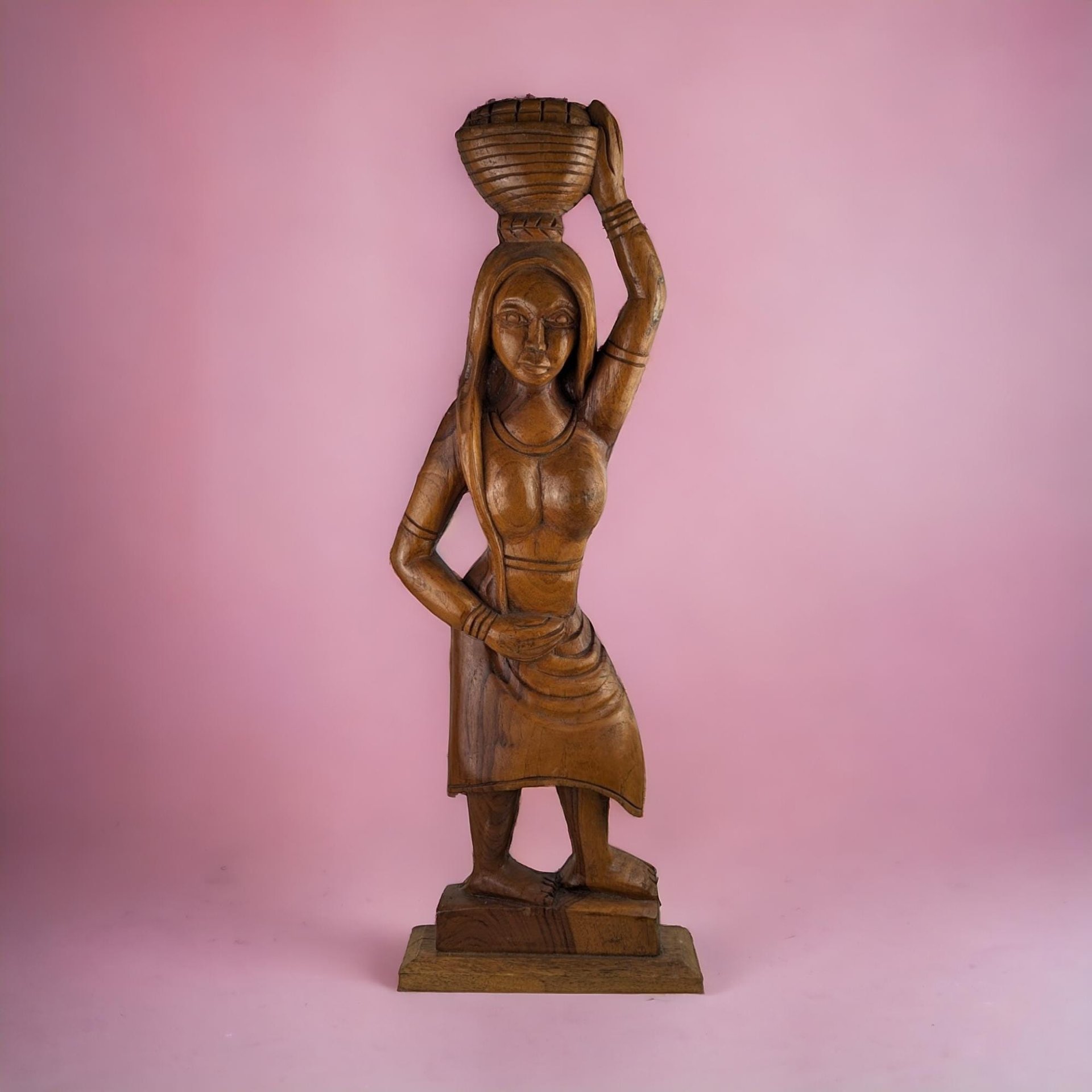 Vintage Hand-Carved Wooden Woman with Bowl Sculpture - 24"  African Art - Tribal Art - Wood Statue