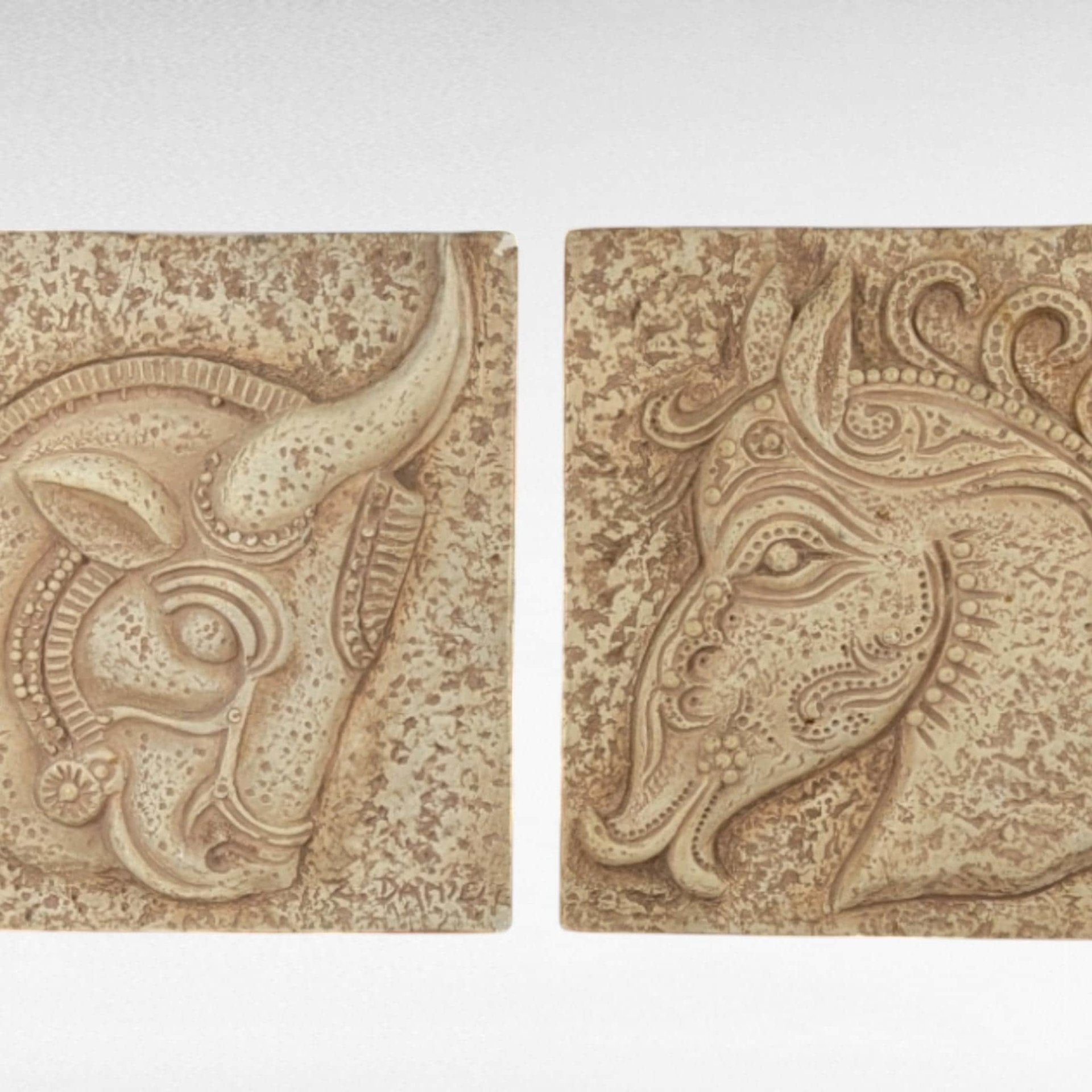Pair of Vintage Z. Danjell Creations Greek Wall Plaques - Horse and Bull - Plaster Relief Art -  Classical Decor - Textured Wall Hangings